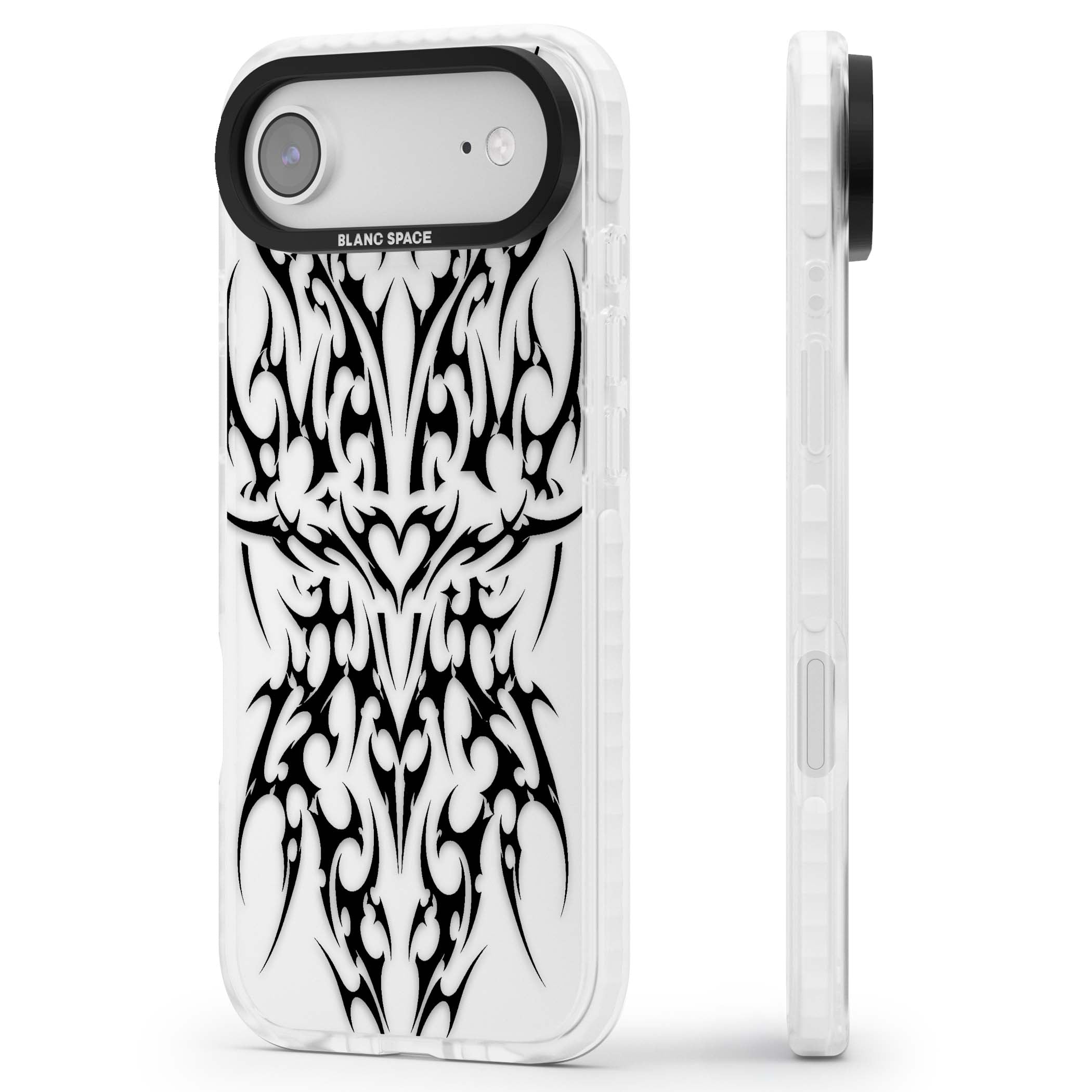 Neo Tribal Heart gothic iPhone case featuring symmetrical black tribal tattoo art with sharp thorn-like linework | Black Impact case for iPhone Air