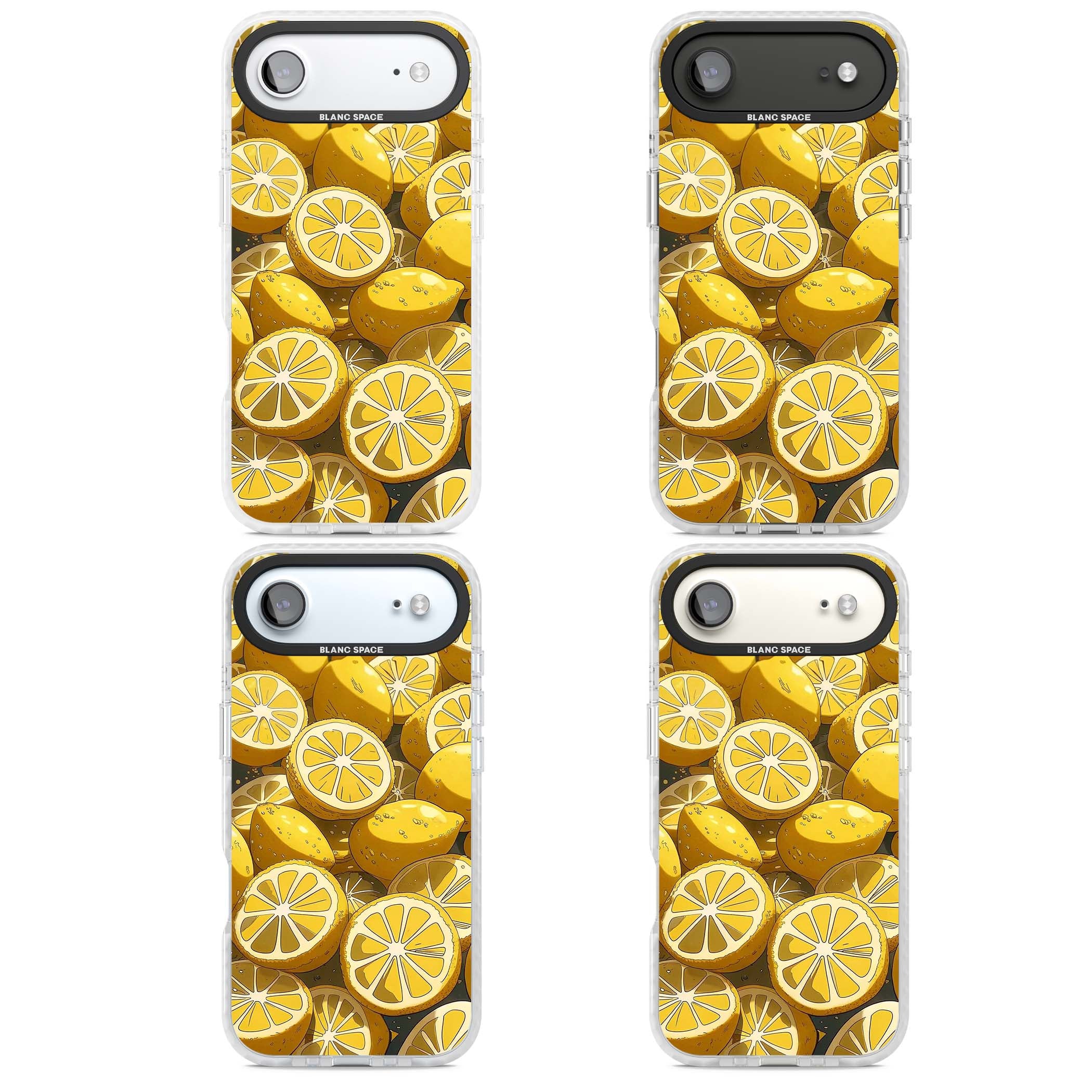 Zesty coastal iPhone case featuring illustrated Mediterranean lemons and citrus slices in golden yellow | Black Impact case for iPhone Air