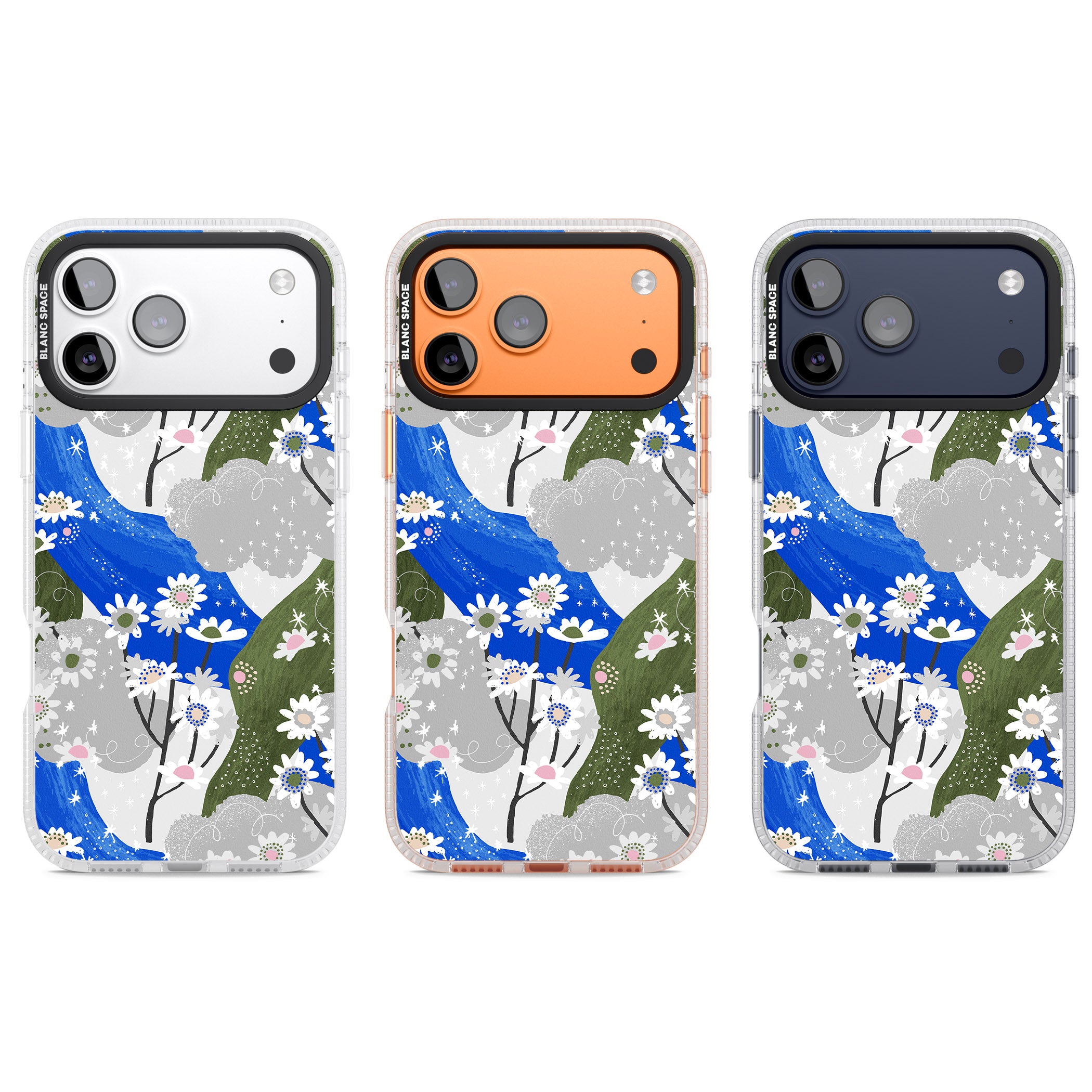 Blue & Grey Daisies Pattern iPhone 17 Pro Impact Air Clear Phone Case APT Impact Protection