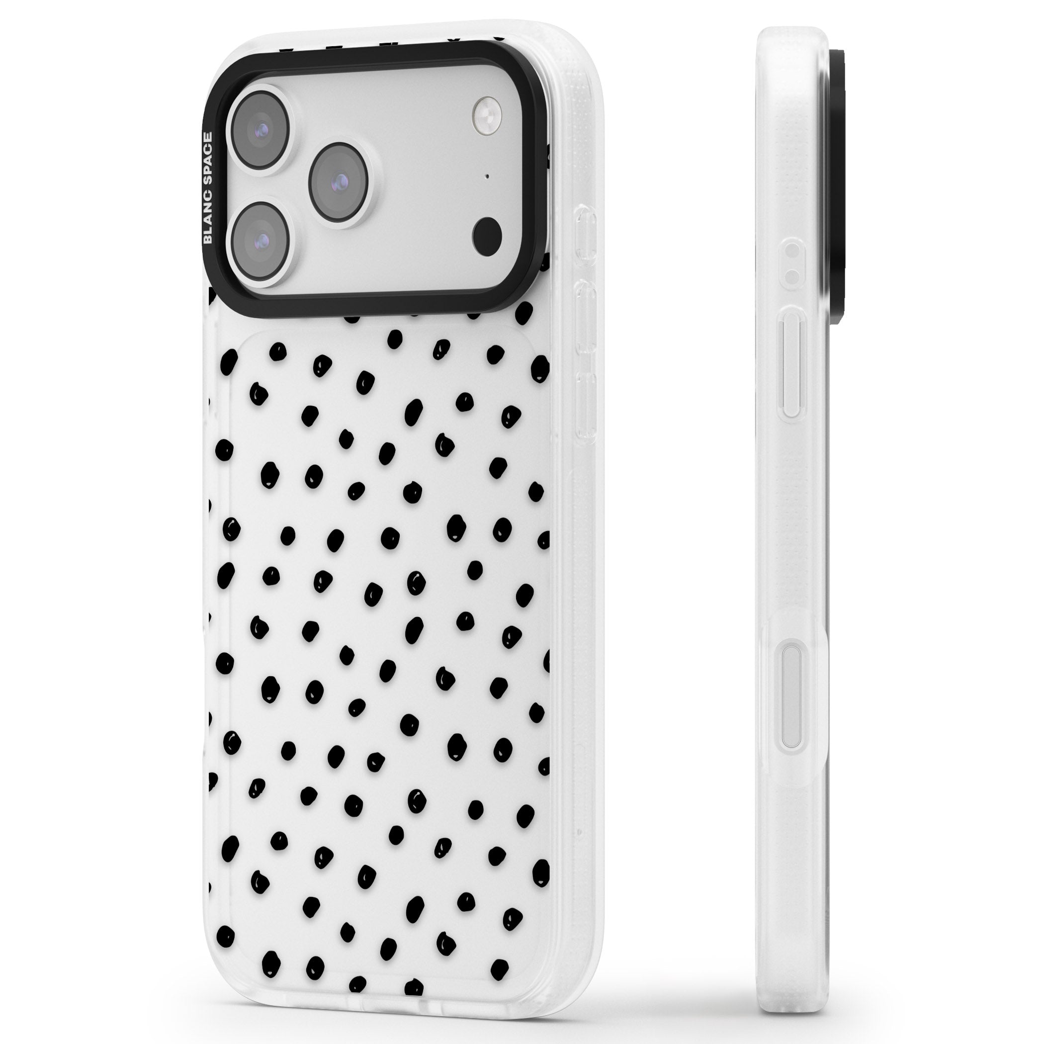 Messy Black Dot Pattern iPhone 17 Pro Impact Air Clear Phone Case Side Profile