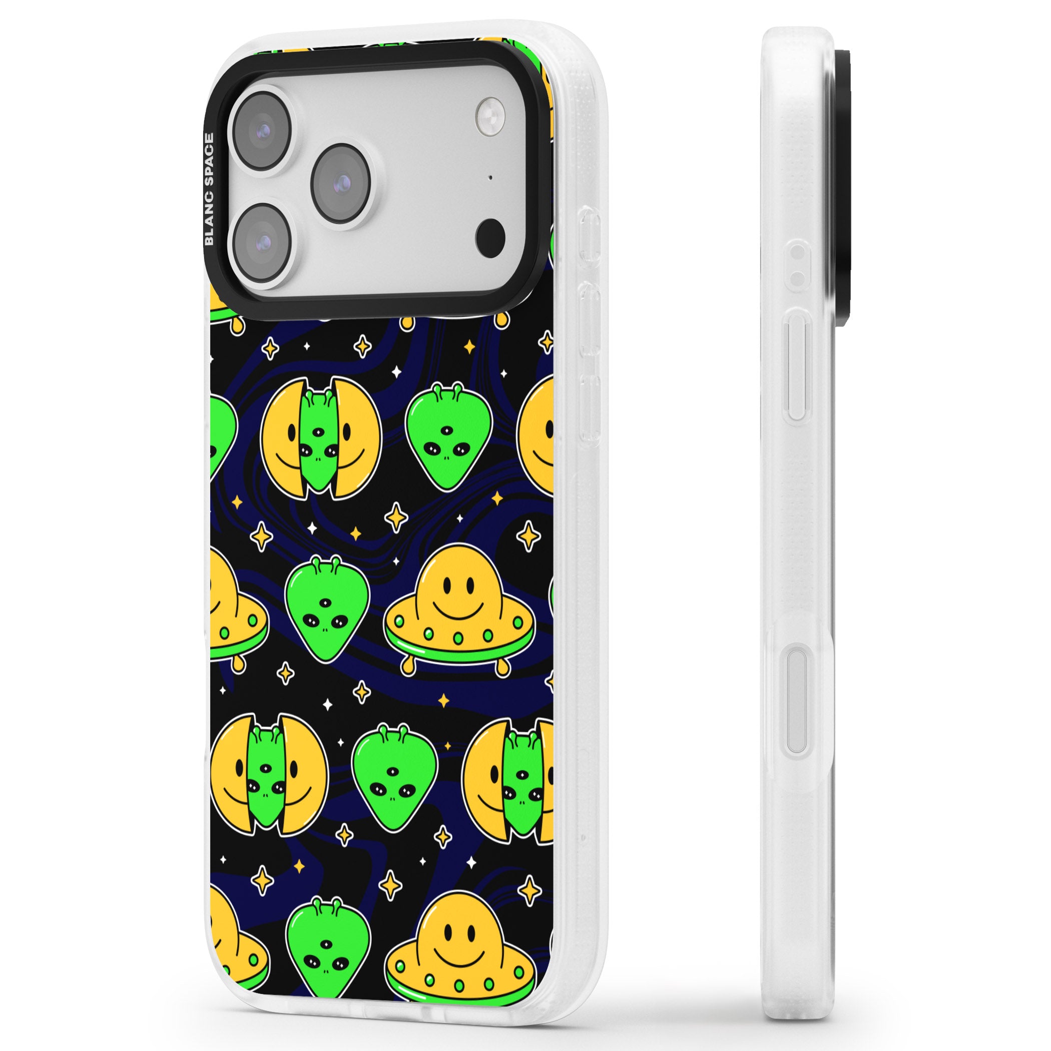 Alien Head Pattern iPhone 17 Pro Max Impact Air Clear Phone Case Side Profile