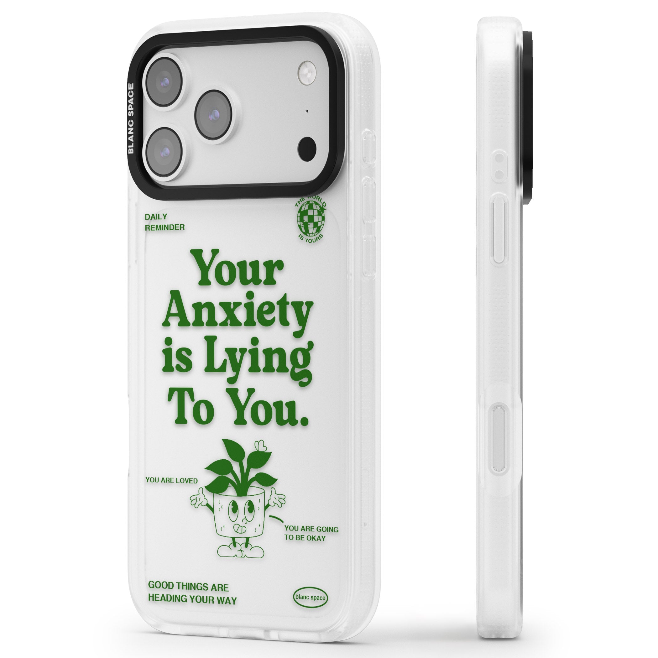 Your Anxiety Is Lying To You iPhone 17 Pro Impact Air Clear Phone Case Side Profile