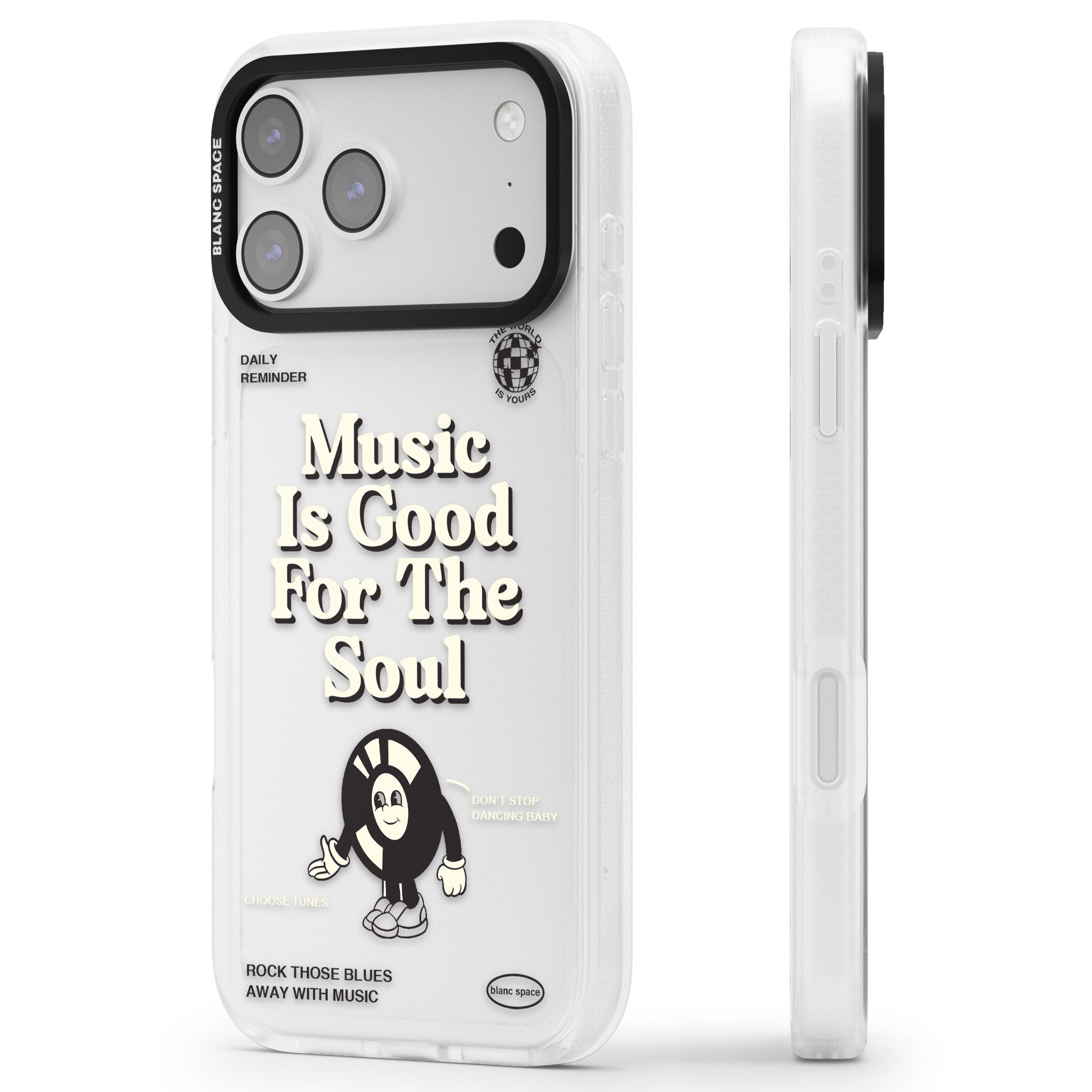 Music Is Good For The Soul iPhone 17 Pro Impact Air Clear Phone Case Side Profile
