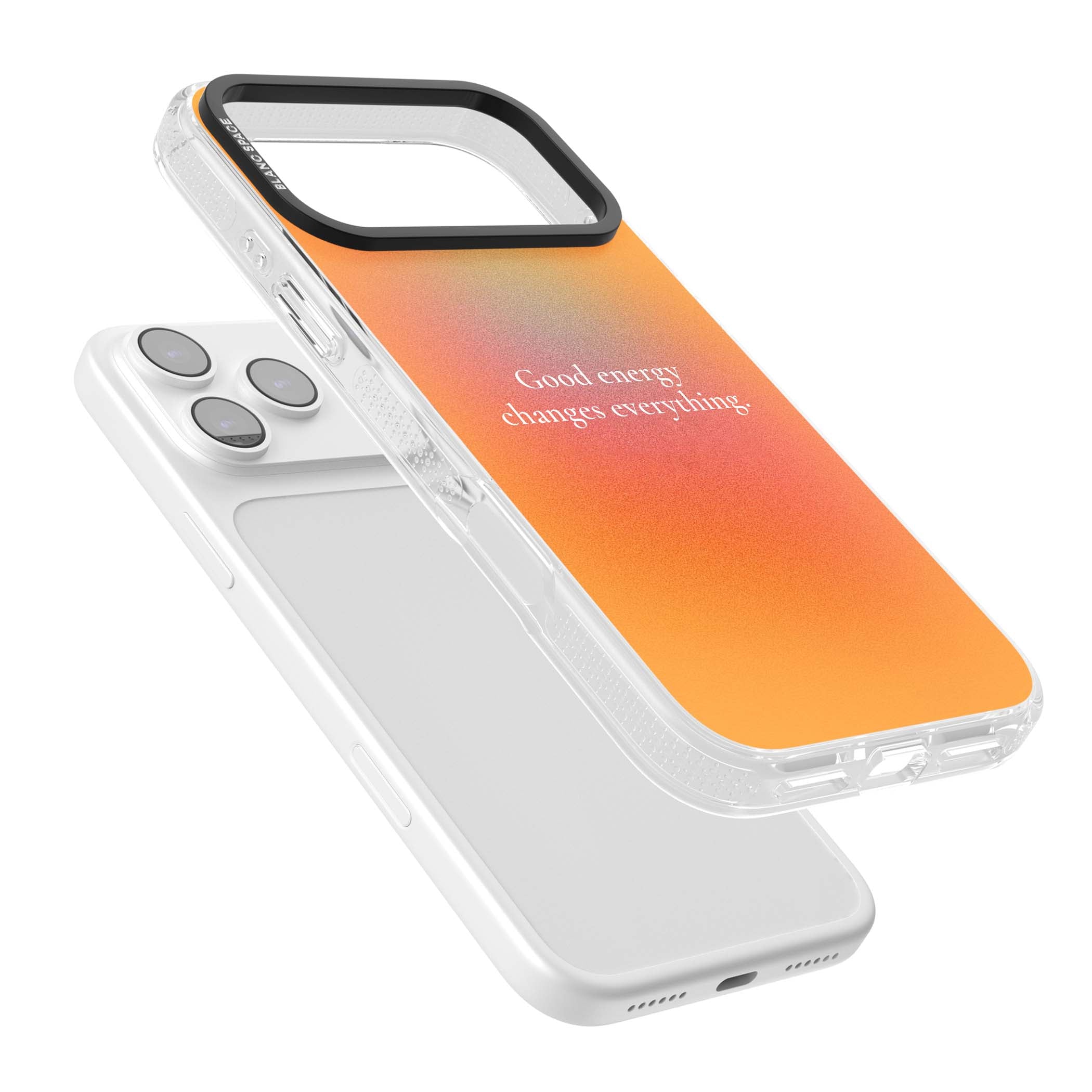 Good Energy quote iPhone case featuring an orange and pink aura gradient with white serif affirmation text | Clear Case Impact Air case for iPhone 17 Pro, iPhone 17 Pro Max