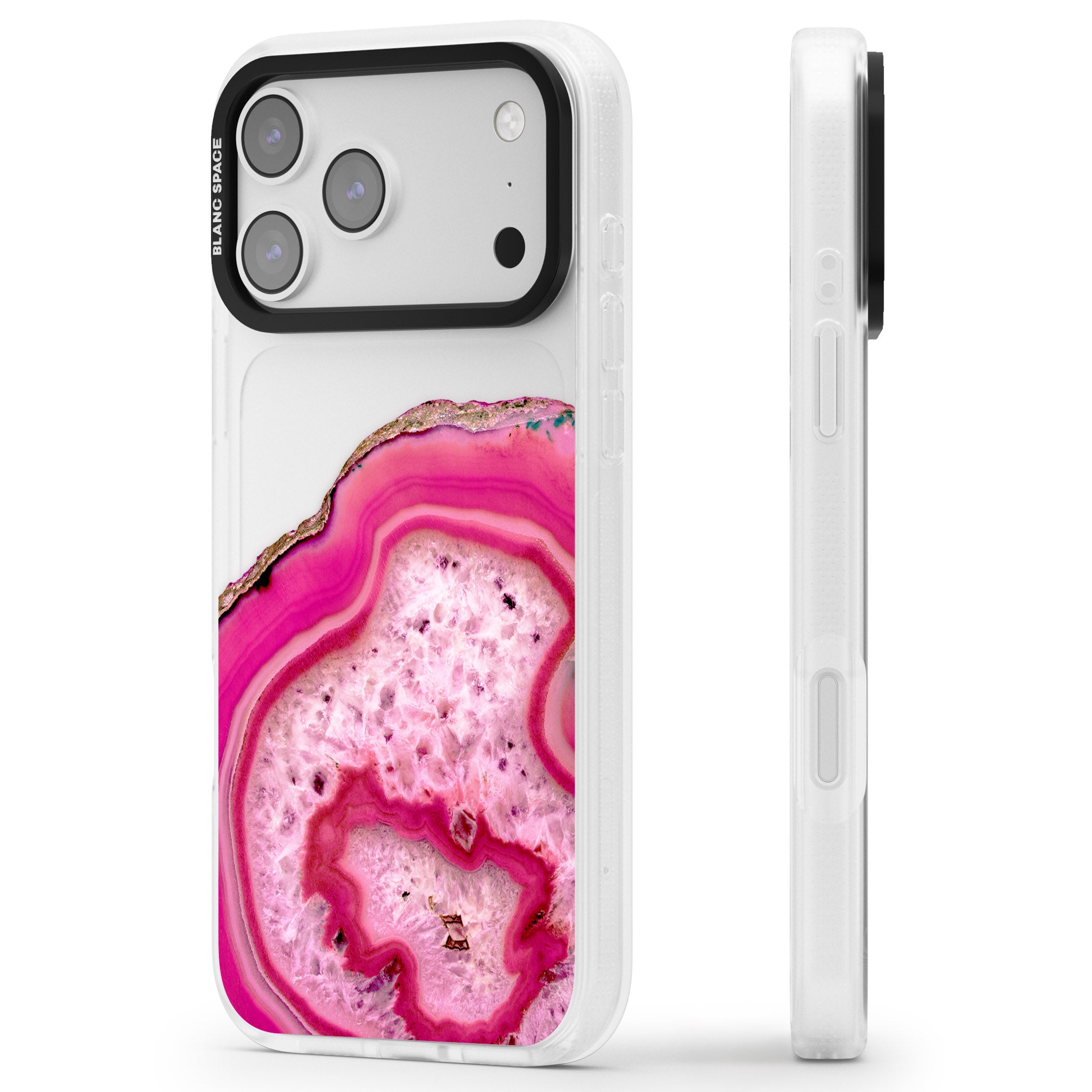 Pink Geode Crystal iPhone 17 Pro Impact Air Clear Phone Case Side Profile