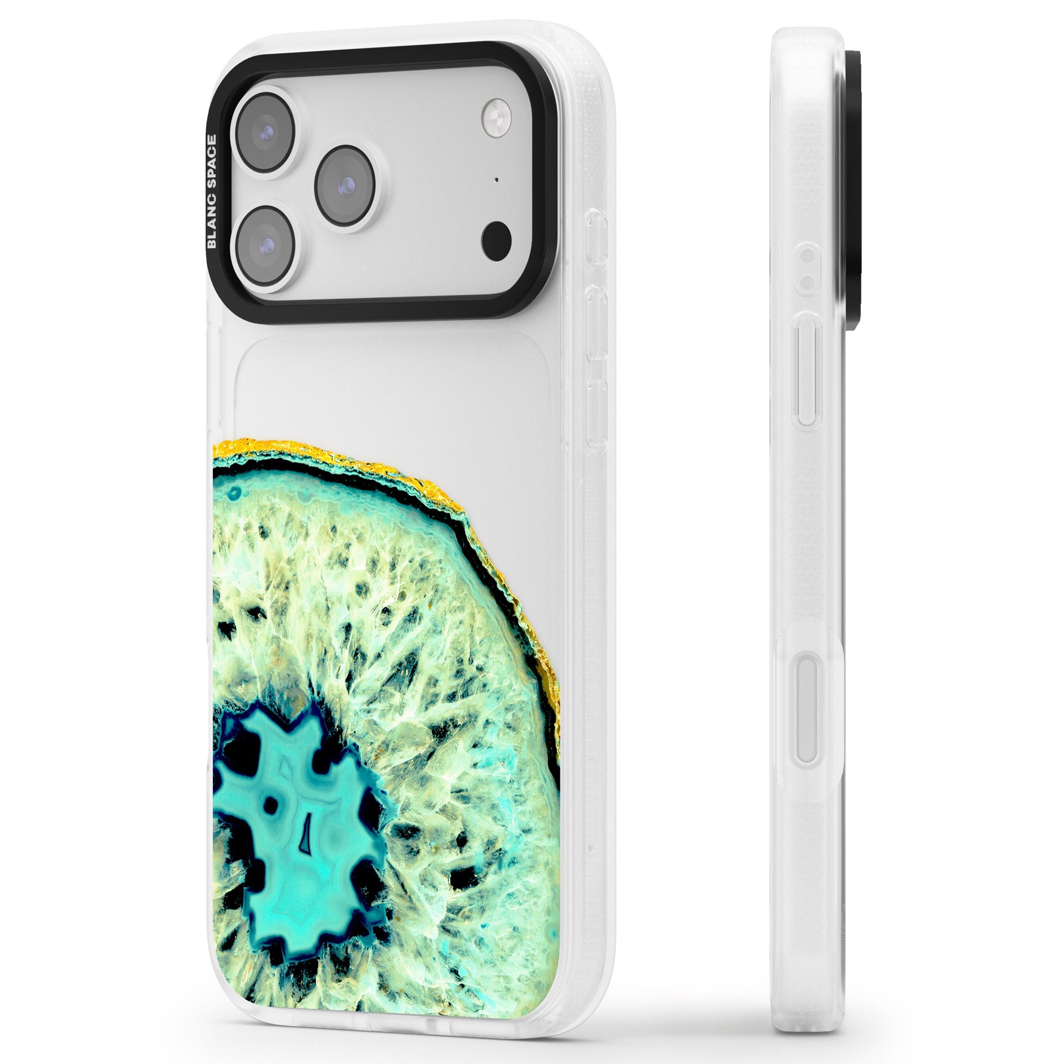 Turquoise Geode Crystal iPhone 17 Pro Impact Air Clear Phone Case Side Profile