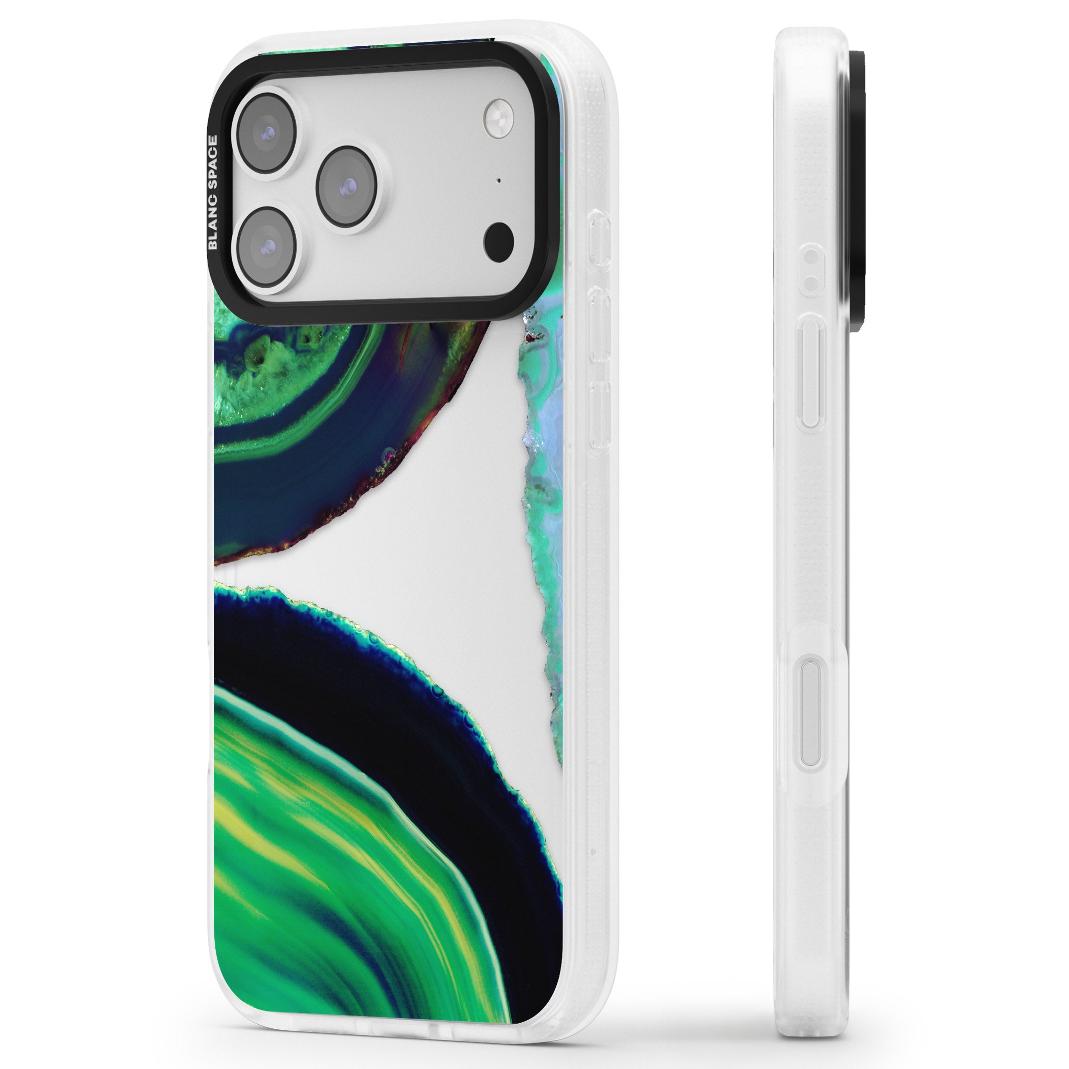 Green Geode Glow iPhone 17 Pro Max Impact Air Clear Phone Case Side Profile