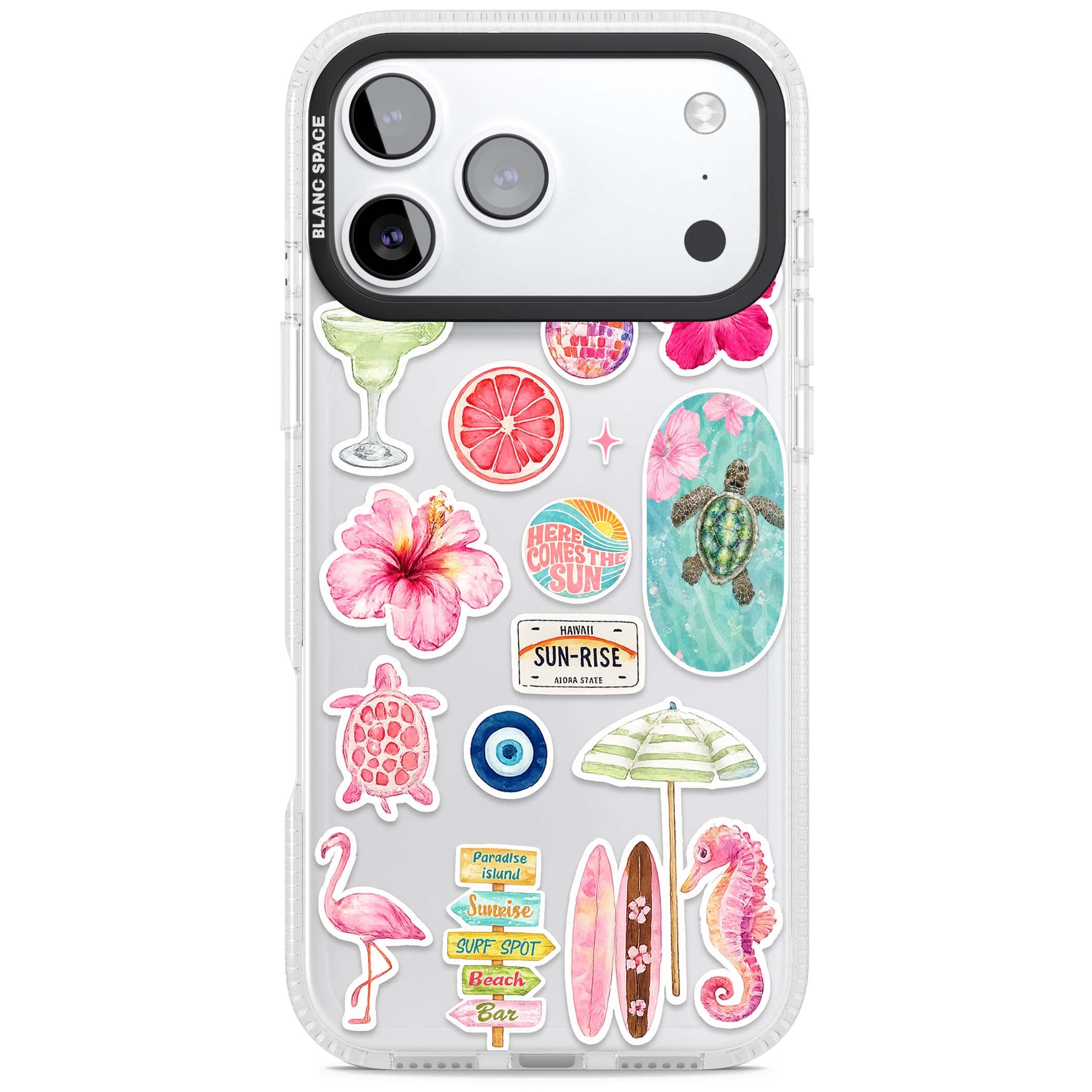 Aloha Sticker Mix tropical summer iPhone case featuring pink hibiscus, sea turtles, flamingo and beach umbrella stickers | Clear Case Impact Air case for iPhone 17 Pro, iPhone 17 Pro Max
