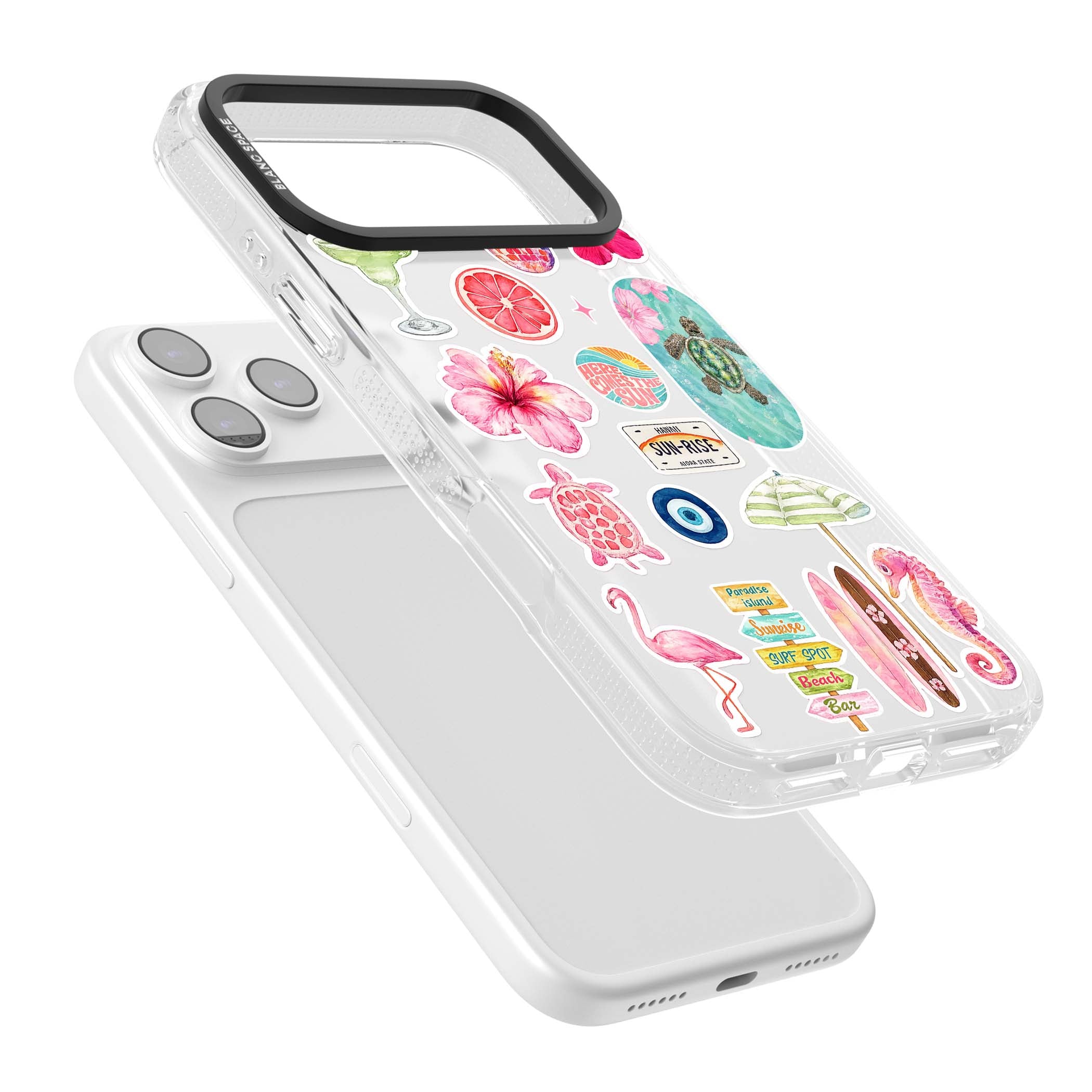 Aloha Sticker Mix tropical summer iPhone case featuring pink hibiscus, sea turtles, flamingo and beach umbrella stickers | Clear Case Impact Air case for iPhone 17 Pro, iPhone 17 Pro Max