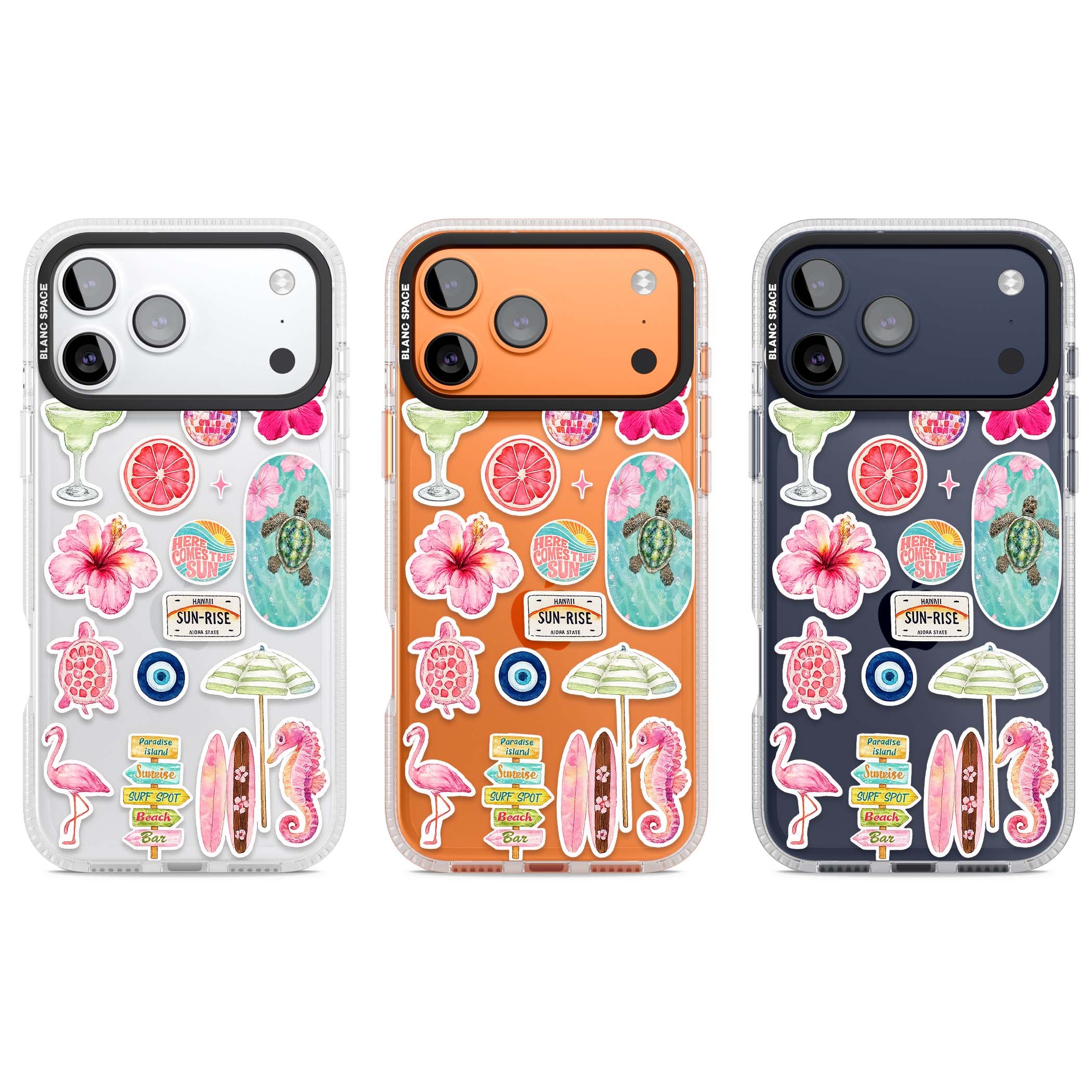 Aloha Sticker Mix tropical summer iPhone case featuring pink hibiscus, sea turtles, flamingo and beach umbrella stickers | Clear Case Impact Air case for iPhone 17 Pro, iPhone 17 Pro Max