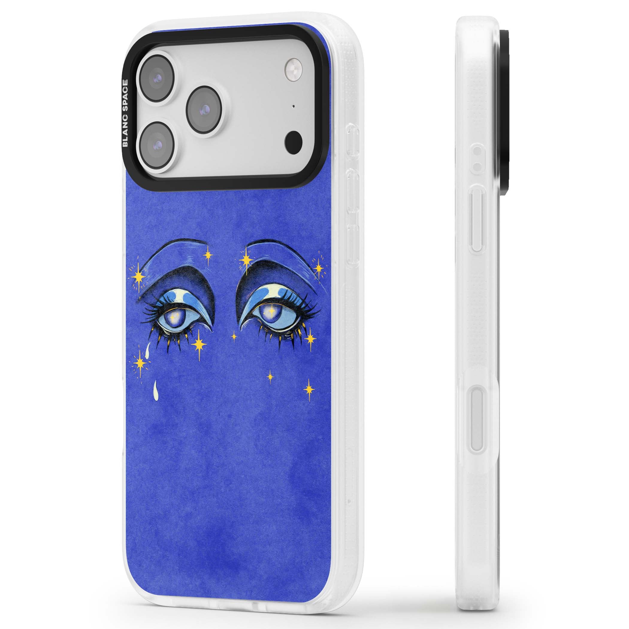 Blue Mystic Eyes celestial iPhone case featuring hand drawn blue mystical eyes, golden stars and a painted tear on indigo | Clear Case Impact Air case for iPhone 17 Pro, iPhone 17 Pro Max