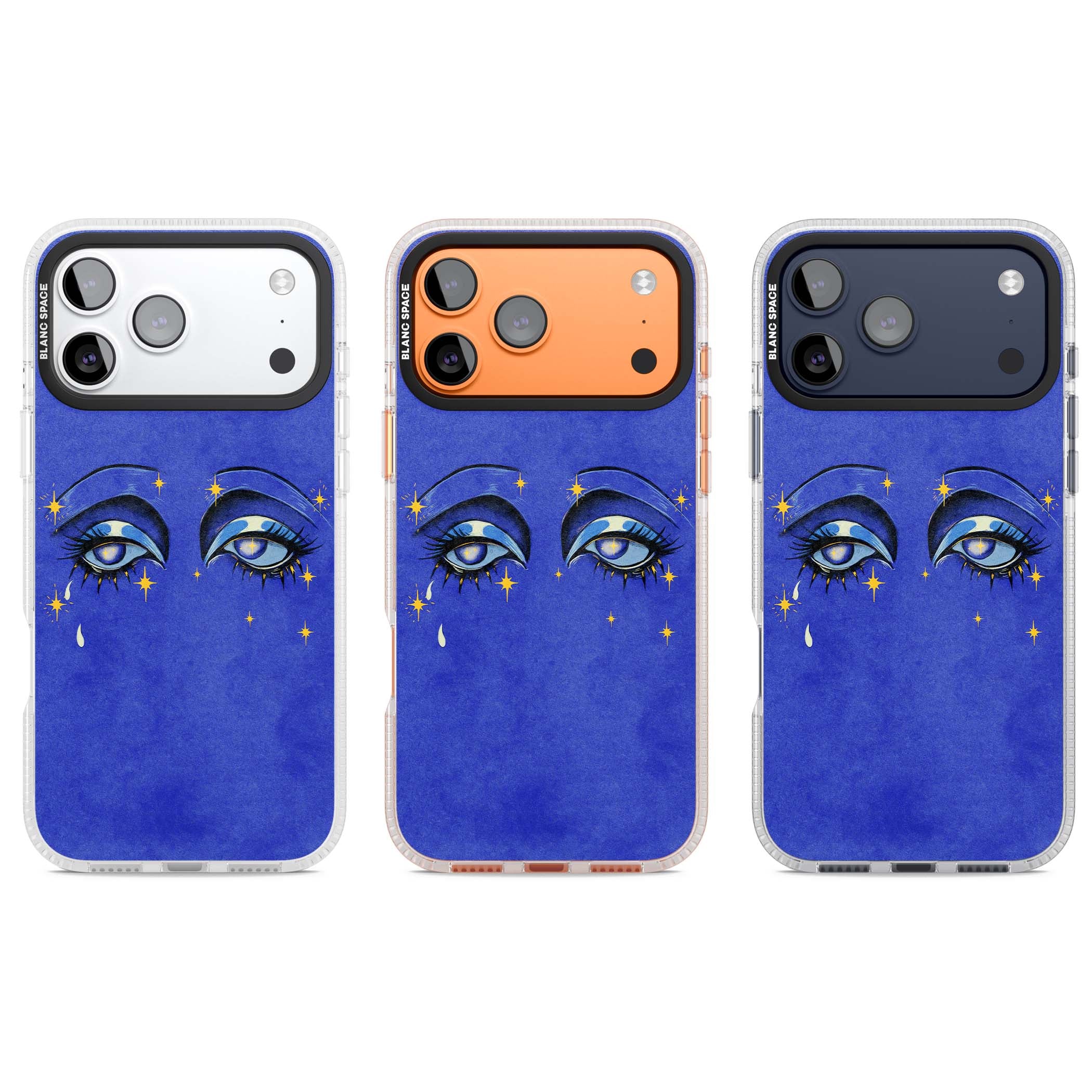 Blue Mystic Eyes celestial iPhone case featuring hand drawn blue mystical eyes, golden stars and a painted tear on indigo | Clear Case Impact Air case for iPhone 17 Pro, iPhone 17 Pro Max
