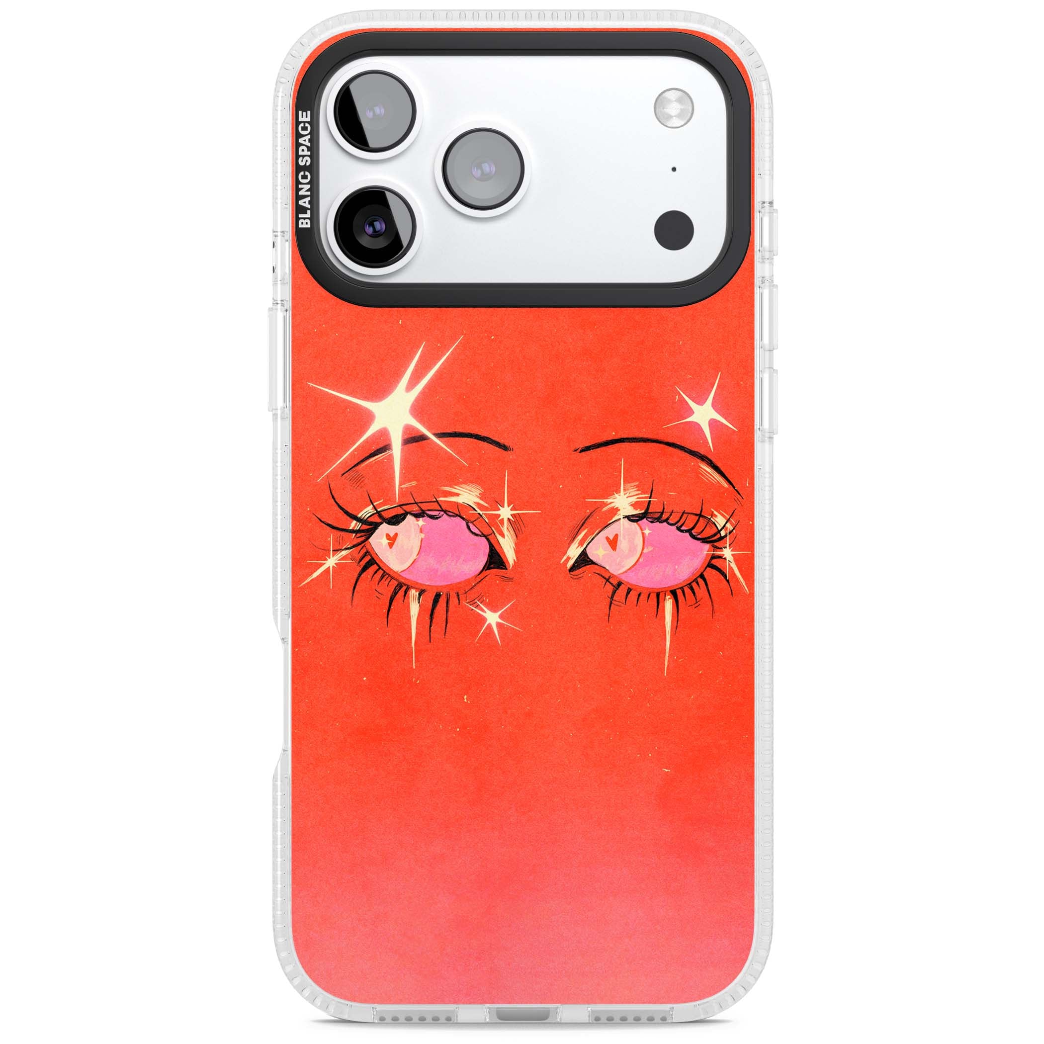 Pink Ethereal Eyes anime iPhone case featuring hand-drawn sparkly eyes with pink hearts and gold stars on red | Clear Case Impact Air case for iPhone 17 Pro, iPhone 17 Pro Max