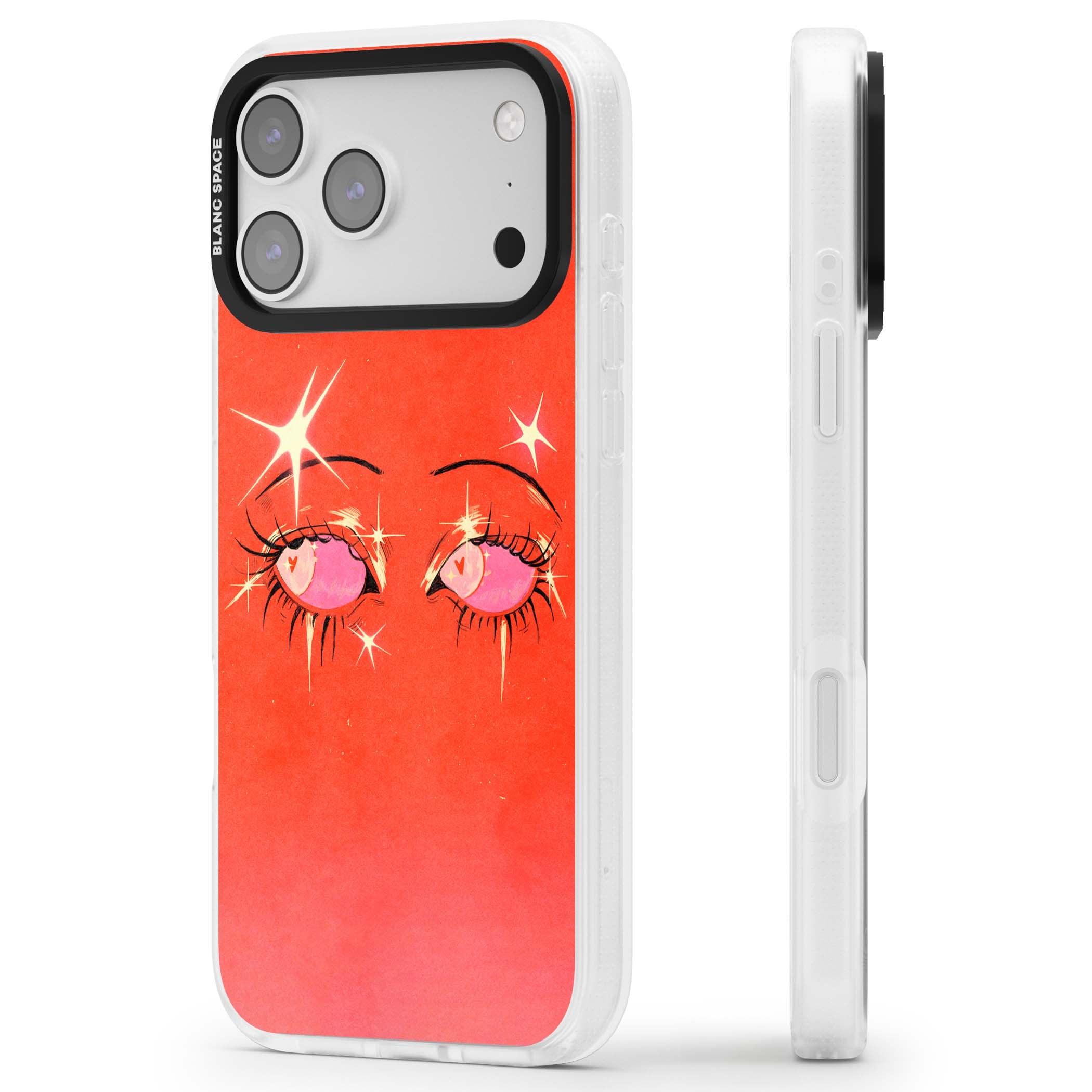 Pink Ethereal Eyes anime iPhone case featuring hand-drawn sparkly eyes with pink hearts and gold stars on red | Clear Case Impact Air case for iPhone 17 Pro, iPhone 17 Pro Max