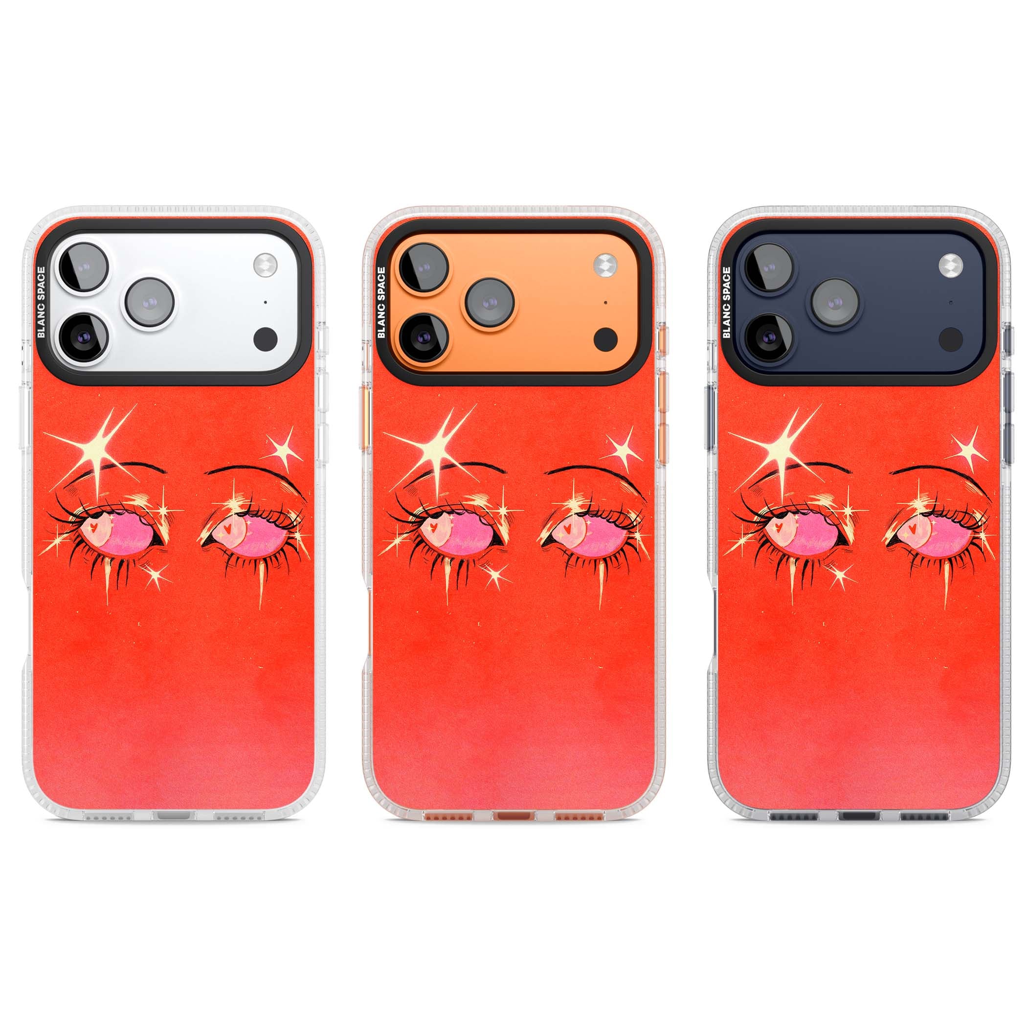 Pink Ethereal Eyes anime iPhone case featuring hand-drawn sparkly eyes with pink hearts and gold stars on red | Clear Case Impact Air case for iPhone 17 Pro, iPhone 17 Pro Max
