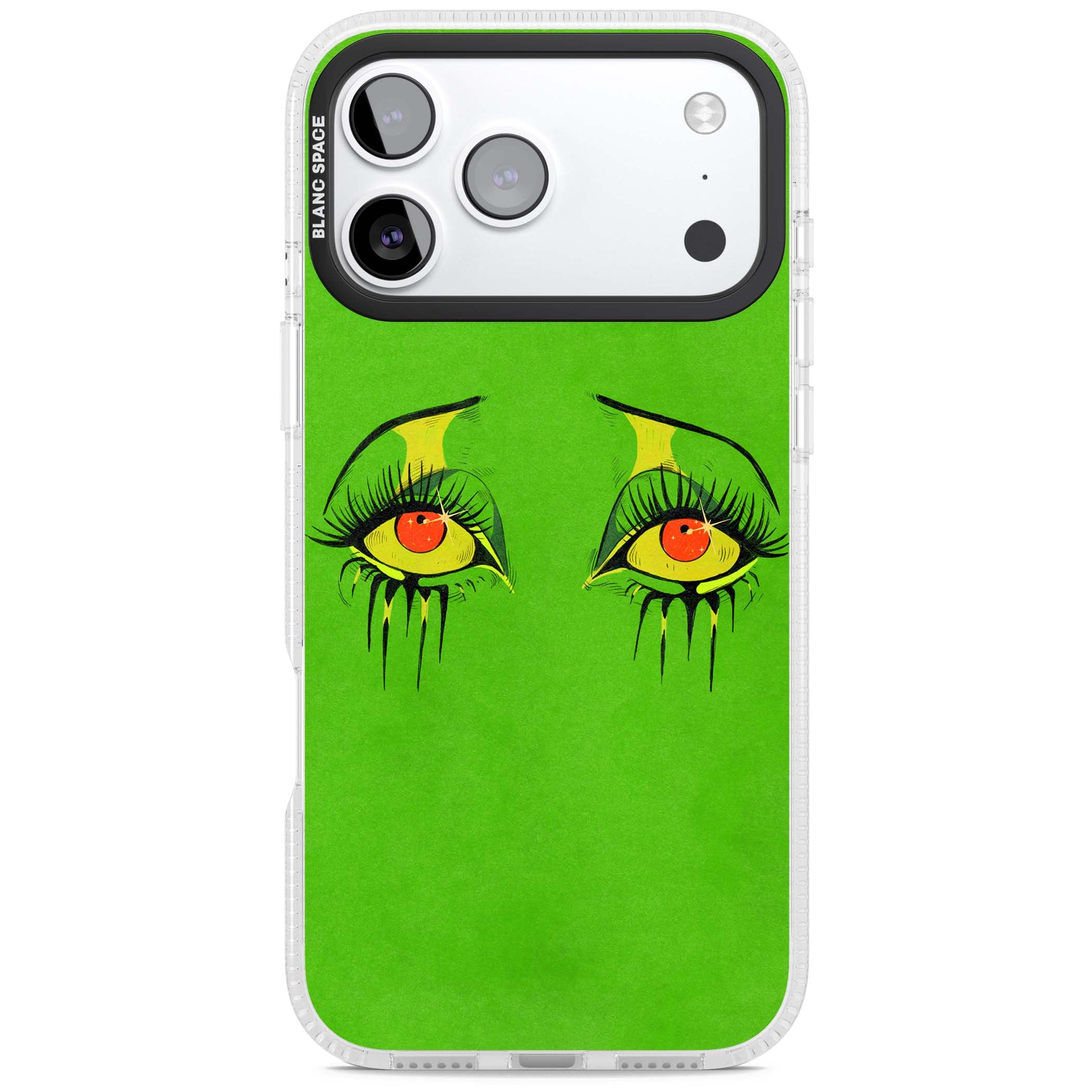 Green Enchanted Eyes psychedelic art iPhone case featuring hand-drawn dripping eyes on neon green background | Clear Case Impact Air case for iPhone 17 Pro, iPhone 17 Pro Max