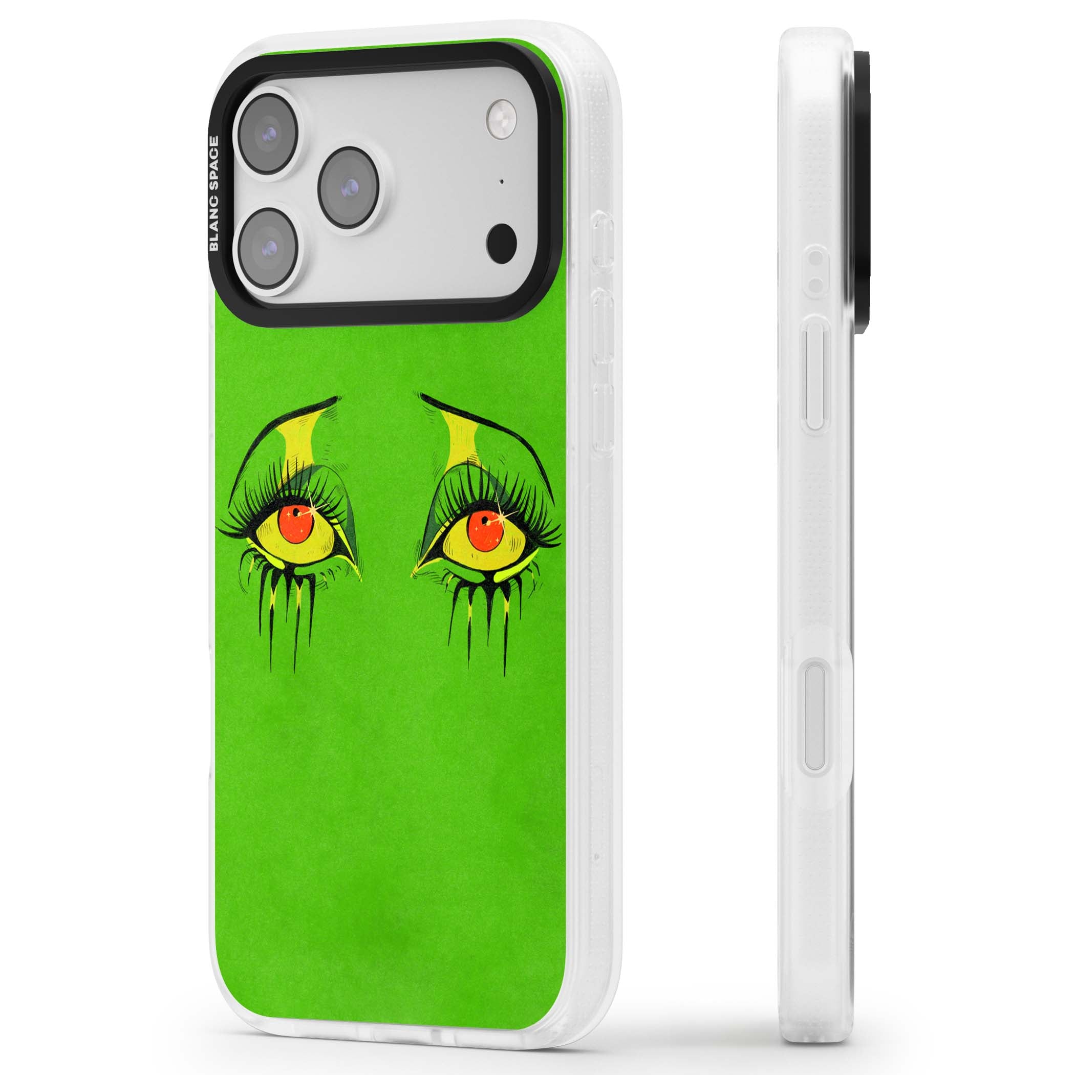 Green Enchanted Eyes psychedelic art iPhone case featuring hand-drawn dripping eyes on neon green background | Clear Case Impact Air case for iPhone 17 Pro, iPhone 17 Pro Max