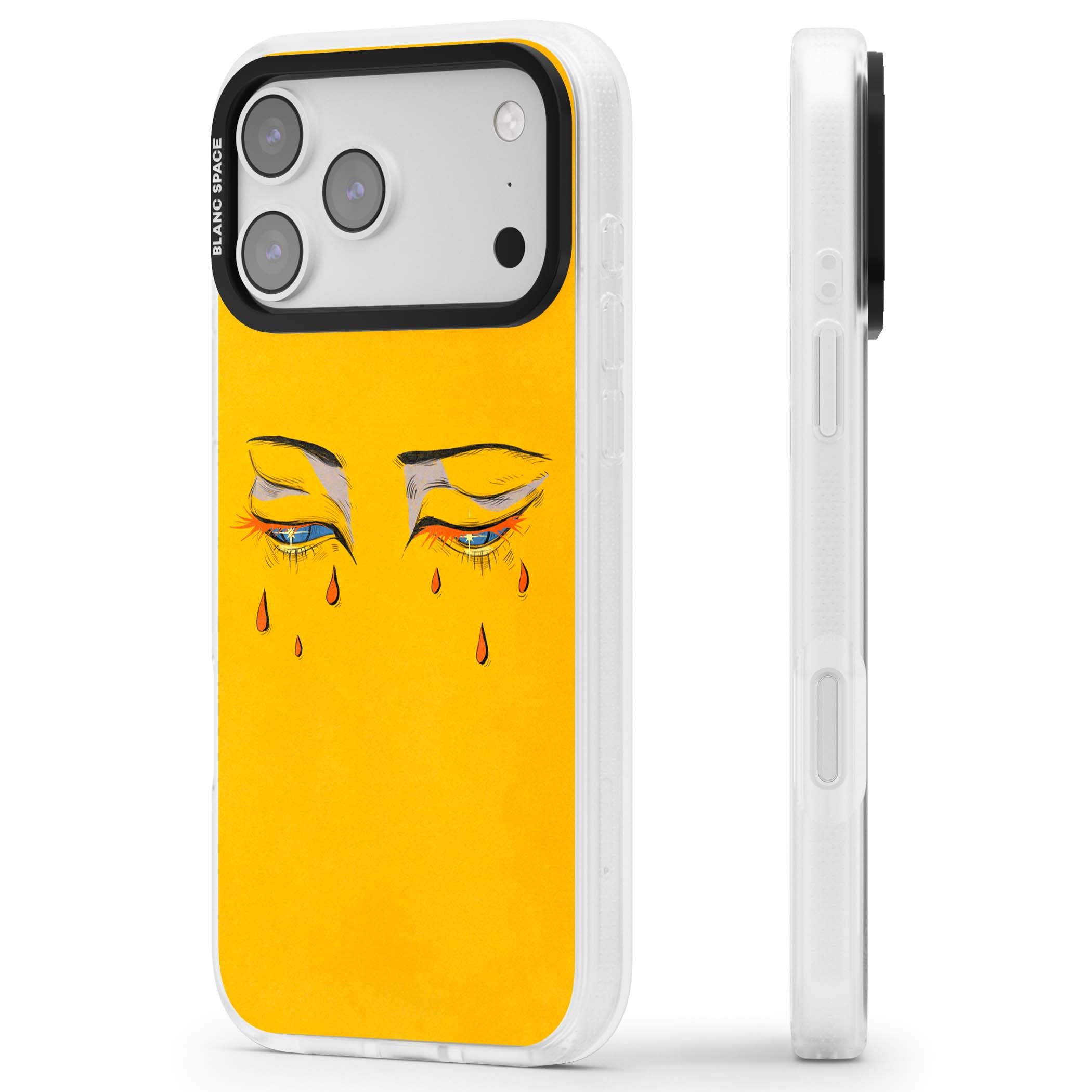 Yellow Tearful Eyes indie iPhone case featuring hand-drawn crying eyes with orange tears on a yellow background | Clear Case Impact Air case for iPhone 17 Pro, iPhone 17 Pro Max