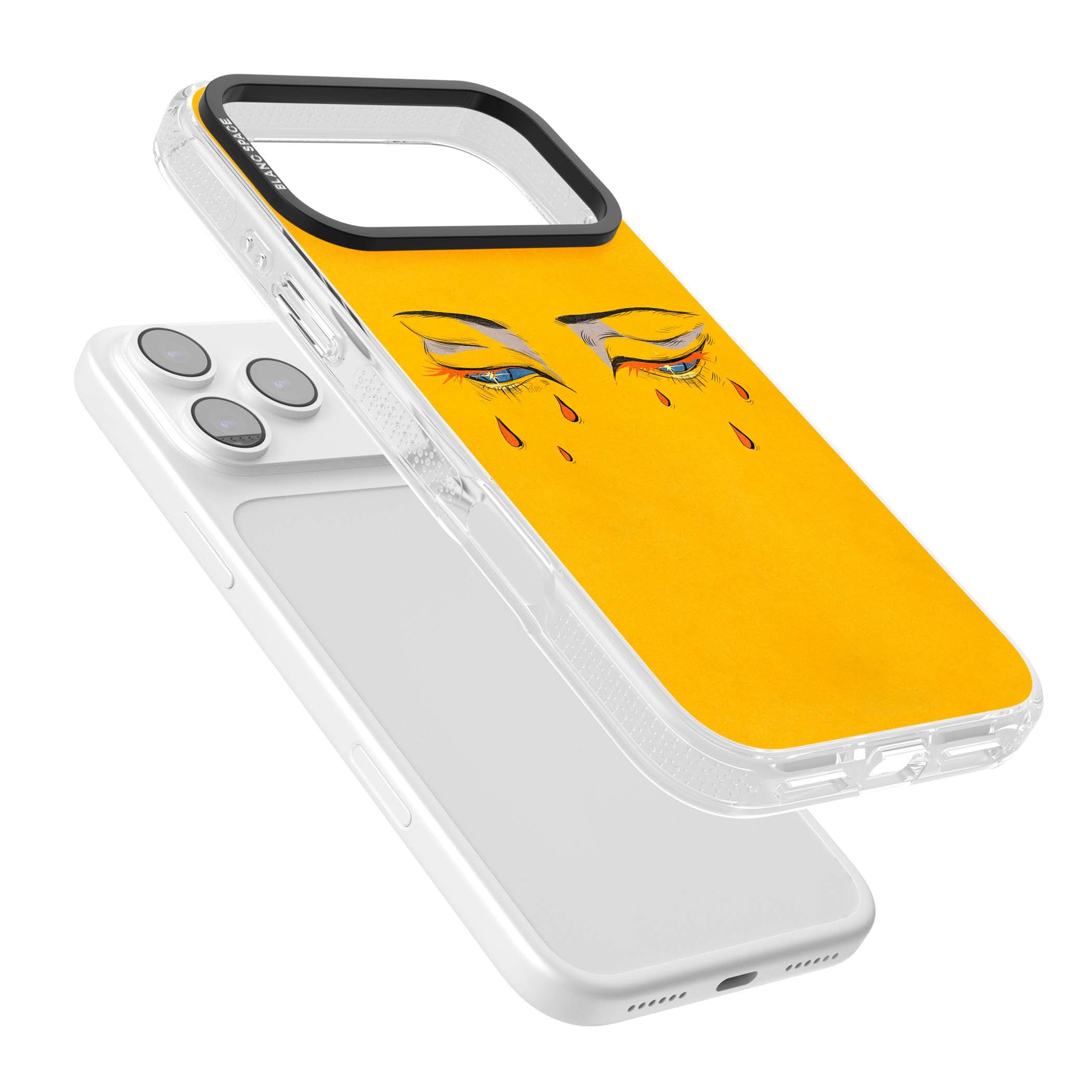 Yellow Tearful Eyes indie iPhone case featuring hand-drawn crying eyes with orange tears on a yellow background | Clear Case Impact Air case for iPhone 17 Pro, iPhone 17 Pro Max