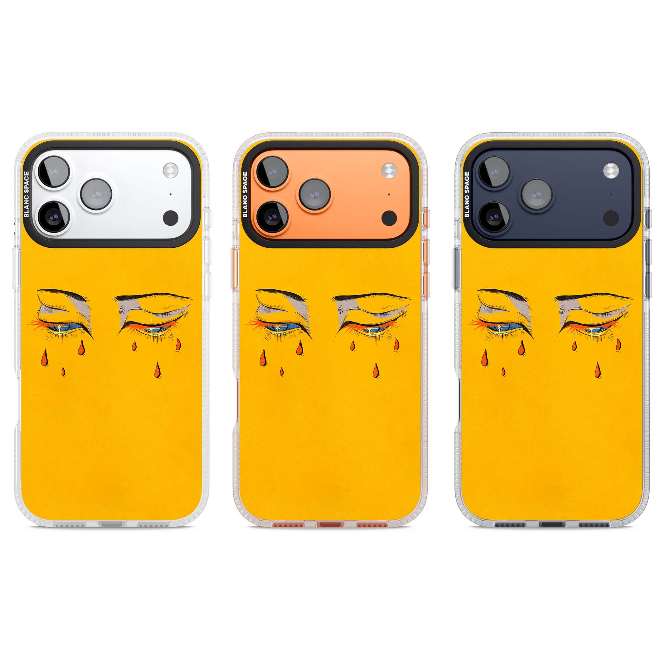 Yellow Tearful Eyes indie iPhone case featuring hand-drawn crying eyes with orange tears on a yellow background | Clear Case Impact Air case for iPhone 17 Pro, iPhone 17 Pro Max