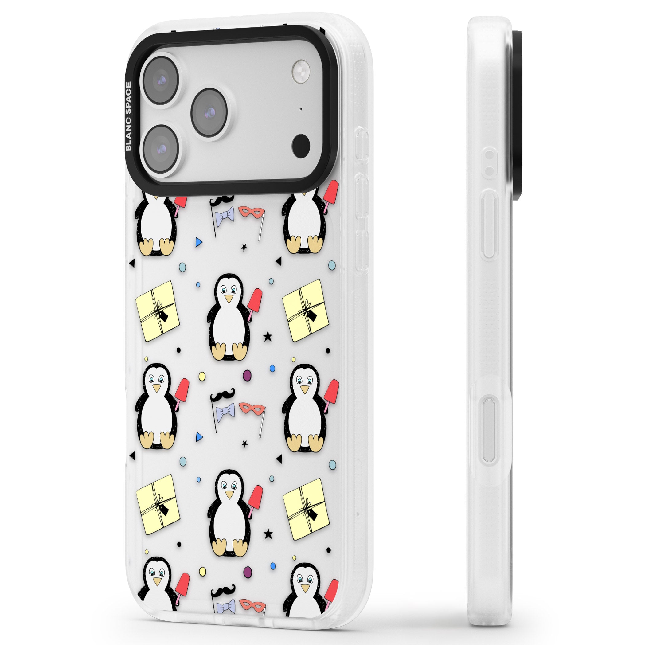 Cute Penguin Pattern Clear iPhone 17 Pro Max Impact Air Clear Phone Case Side Profile