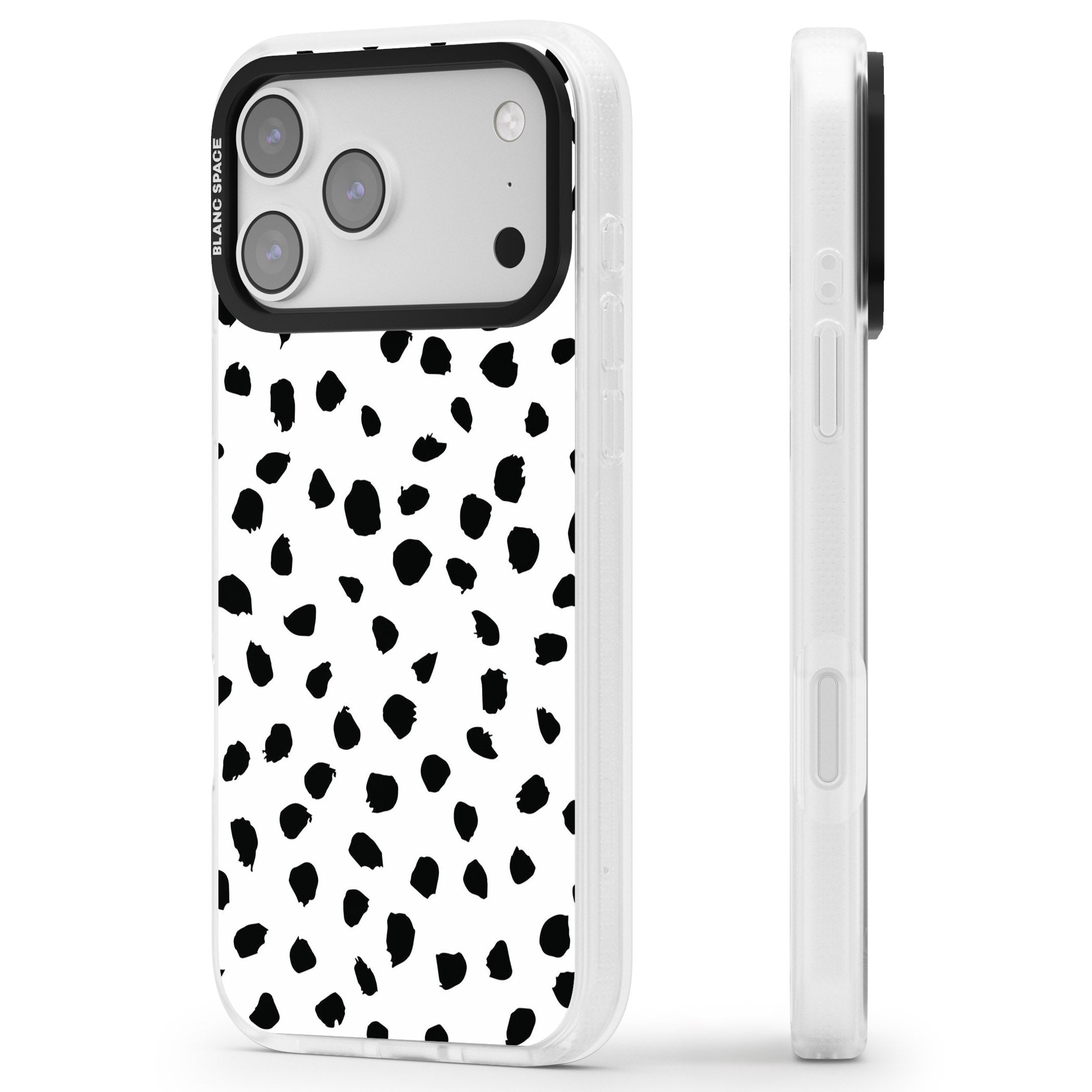 White Dalmatian Print iPhone 17 Pro Impact Air Clear Phone Case Side Profile