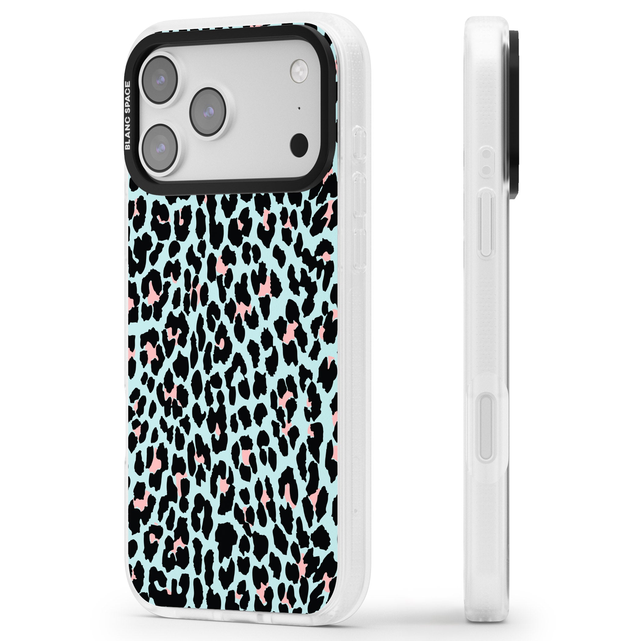 Pastel Blue & Pink Leopard Print iPhone 17 Pro Max Impact Air Clear Phone Case Side Profile