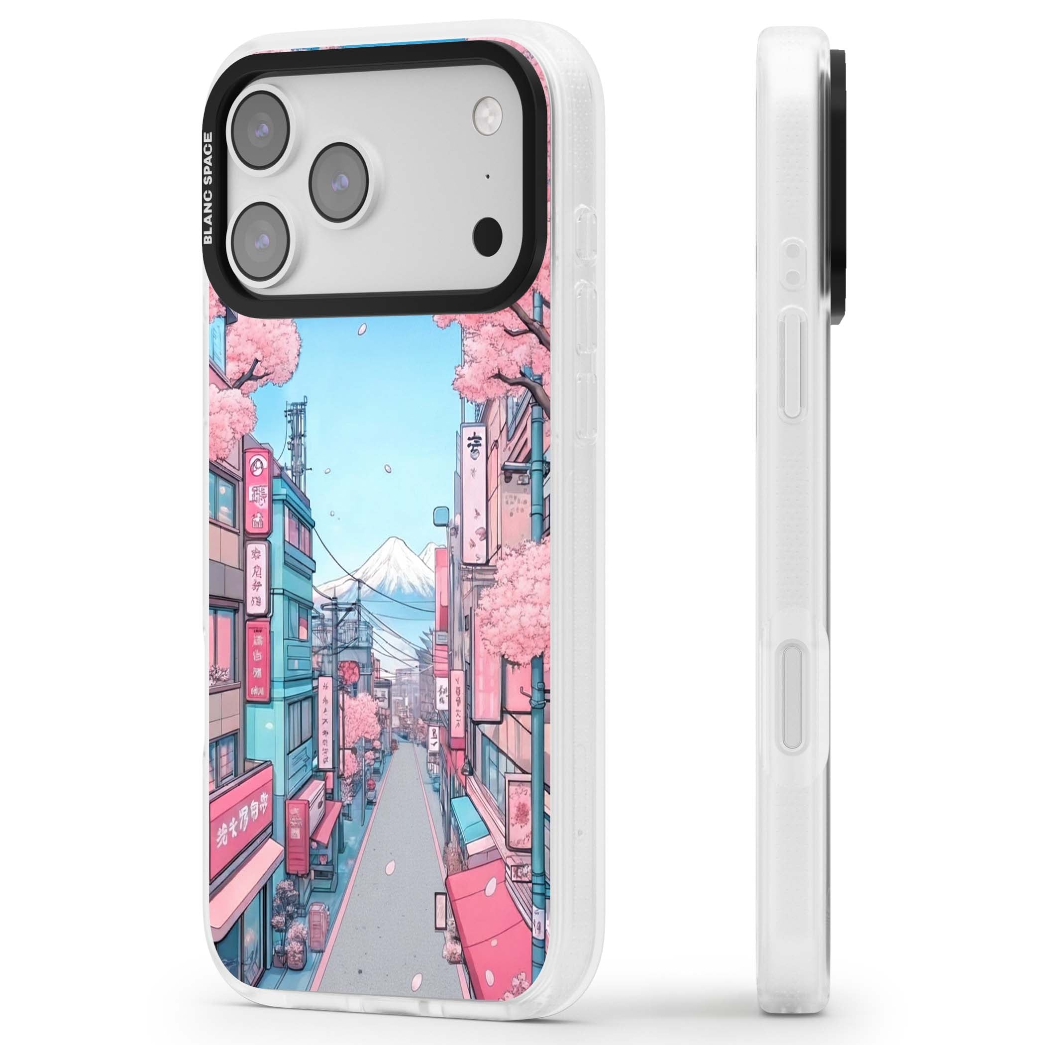 Sakura Lane anime iPhone case featuring Tokyo street scene with cherry blossoms and Mount Fuji | Clear Case Impact Air case for iPhone 17 Pro, iPhone 17 Pro Max