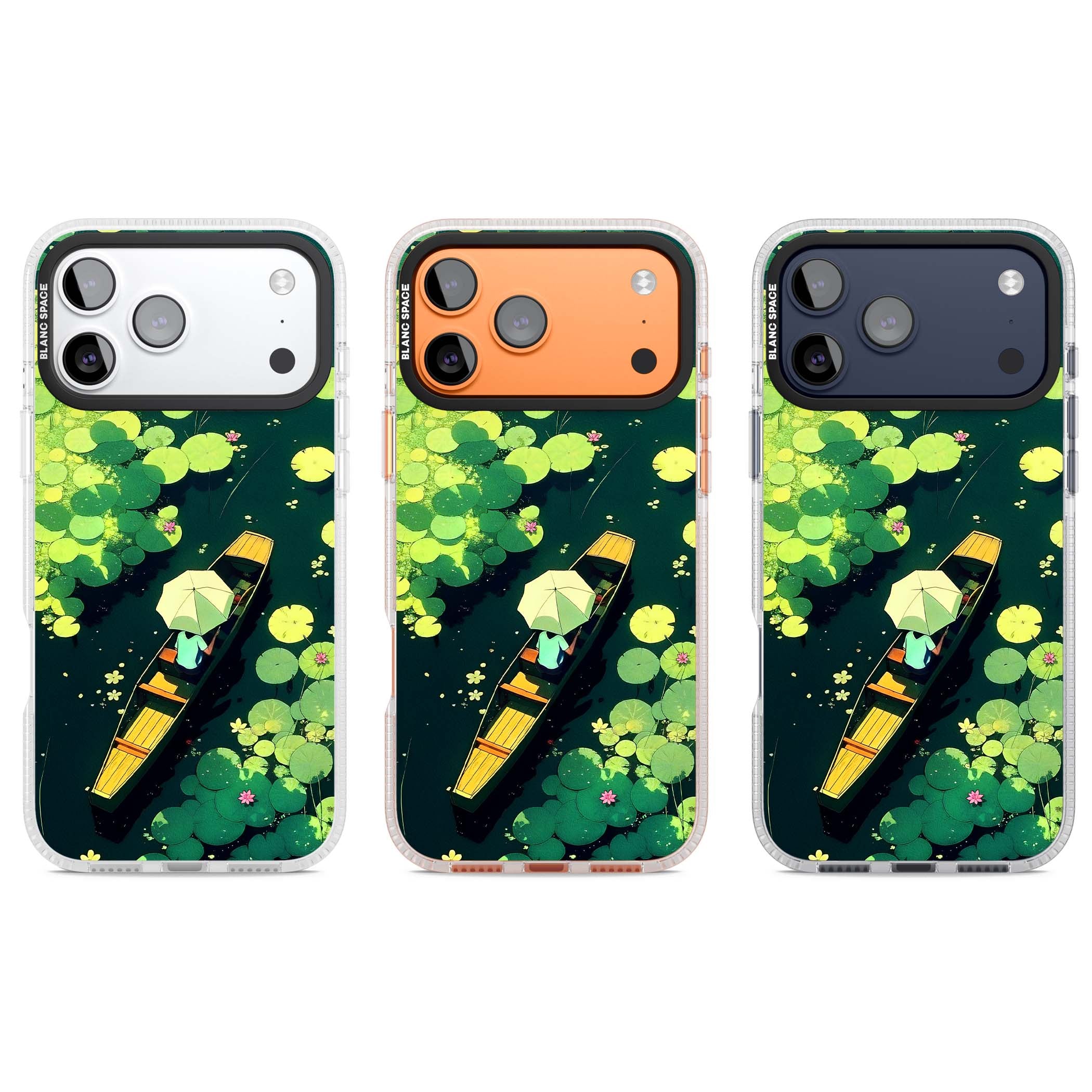 Jade Waters cottagecore iPhone case featuring a painted lily pond, wooden boat with parasol and floating water lilies | Clear Case Impact Air case for iPhone 17 Pro, iPhone 17 Pro Max