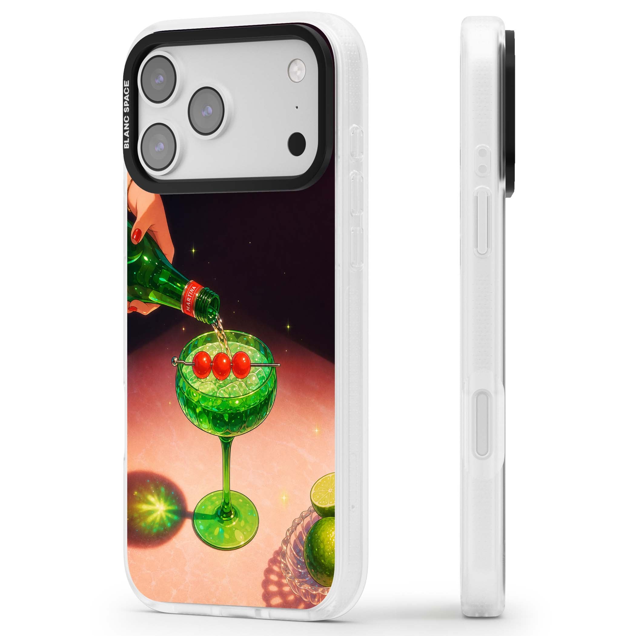 Absinthe Hour cocktail iPhone case featuring a green coupe glass, cherry garnish and vintage bottle pour illustration | Clear Case Impact Air case for iPhone 17 Pro, iPhone 17 Pro Max