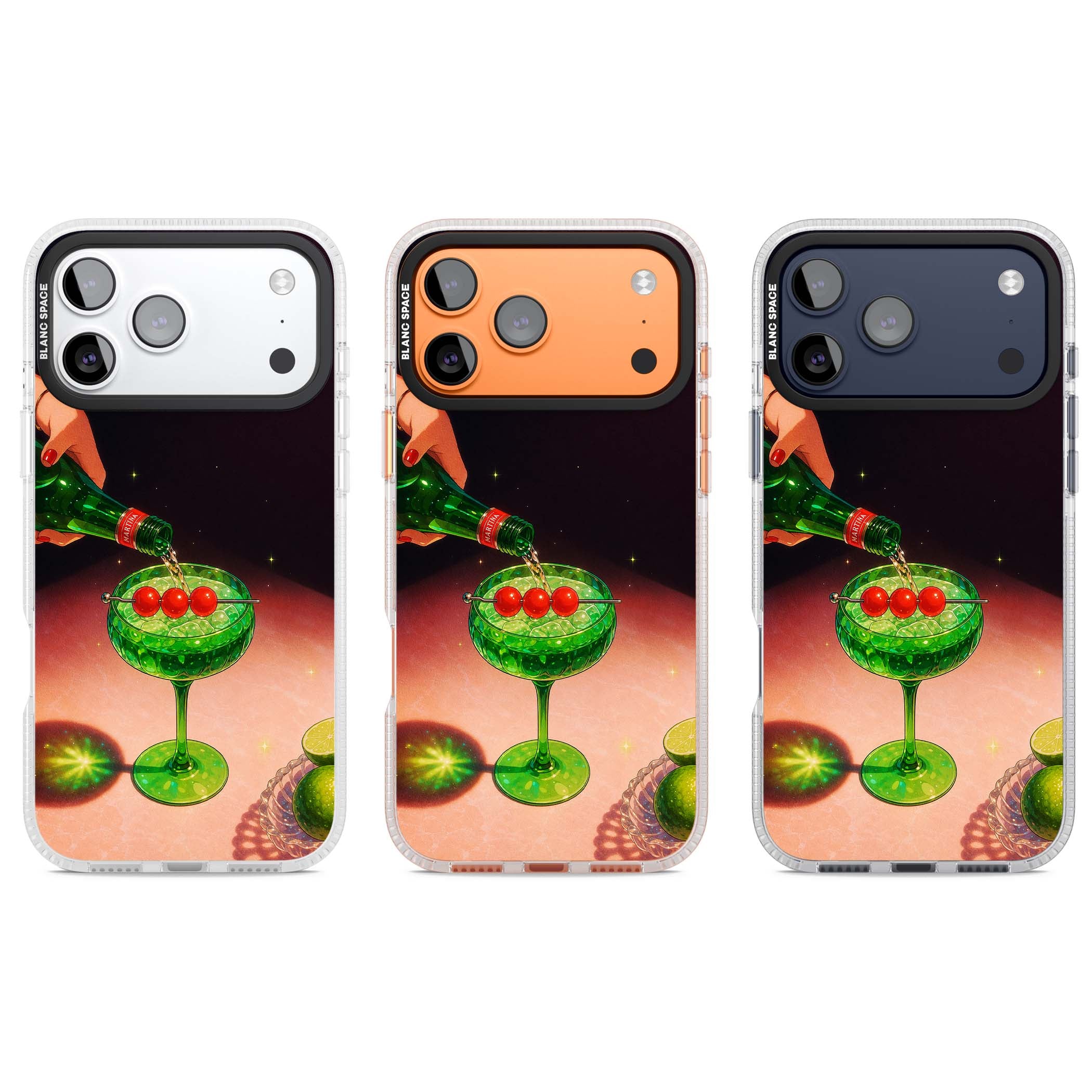 Absinthe Hour cocktail iPhone case featuring a green coupe glass, cherry garnish and vintage bottle pour illustration | Clear Case Impact Air case for iPhone 17 Pro, iPhone 17 Pro Max