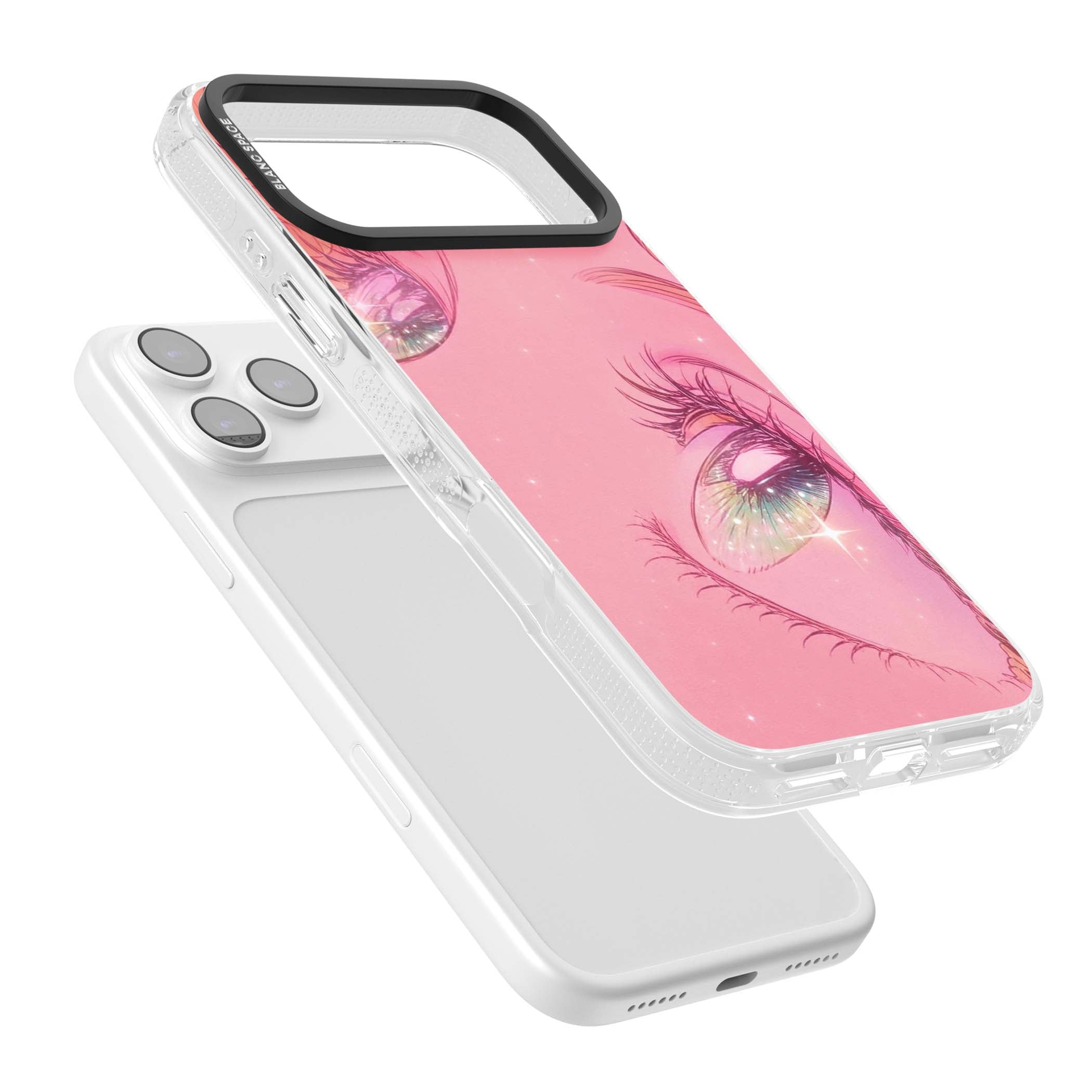 Pink Ethereal Gaze anime iPhone case featuring sparkling manga eyes, coral lashes and dreamy peach sky | Clear Case Impact Air case for iPhone 17 Pro, iPhone 17 Pro Max