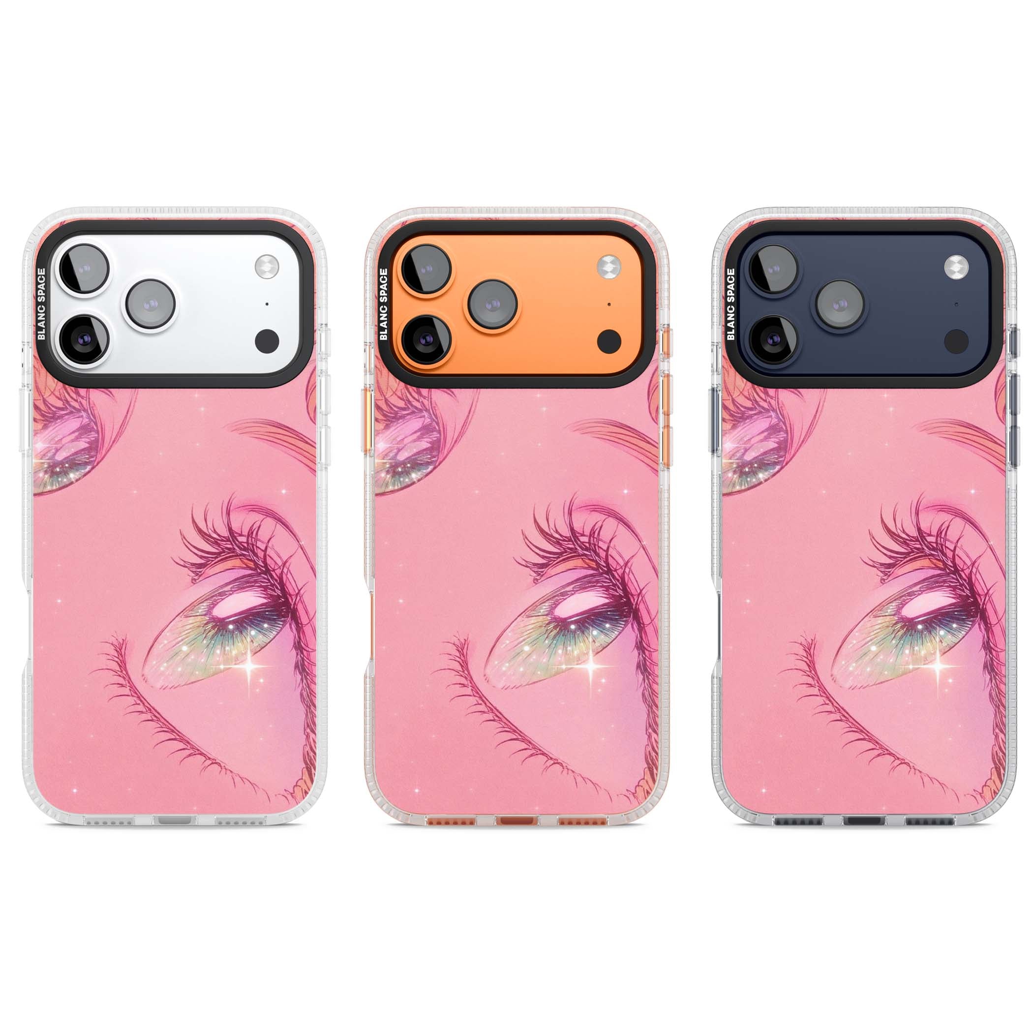Pink Ethereal Gaze anime iPhone case featuring sparkling manga eyes, coral lashes and dreamy peach sky | Clear Case Impact Air case for iPhone 17 Pro, iPhone 17 Pro Max