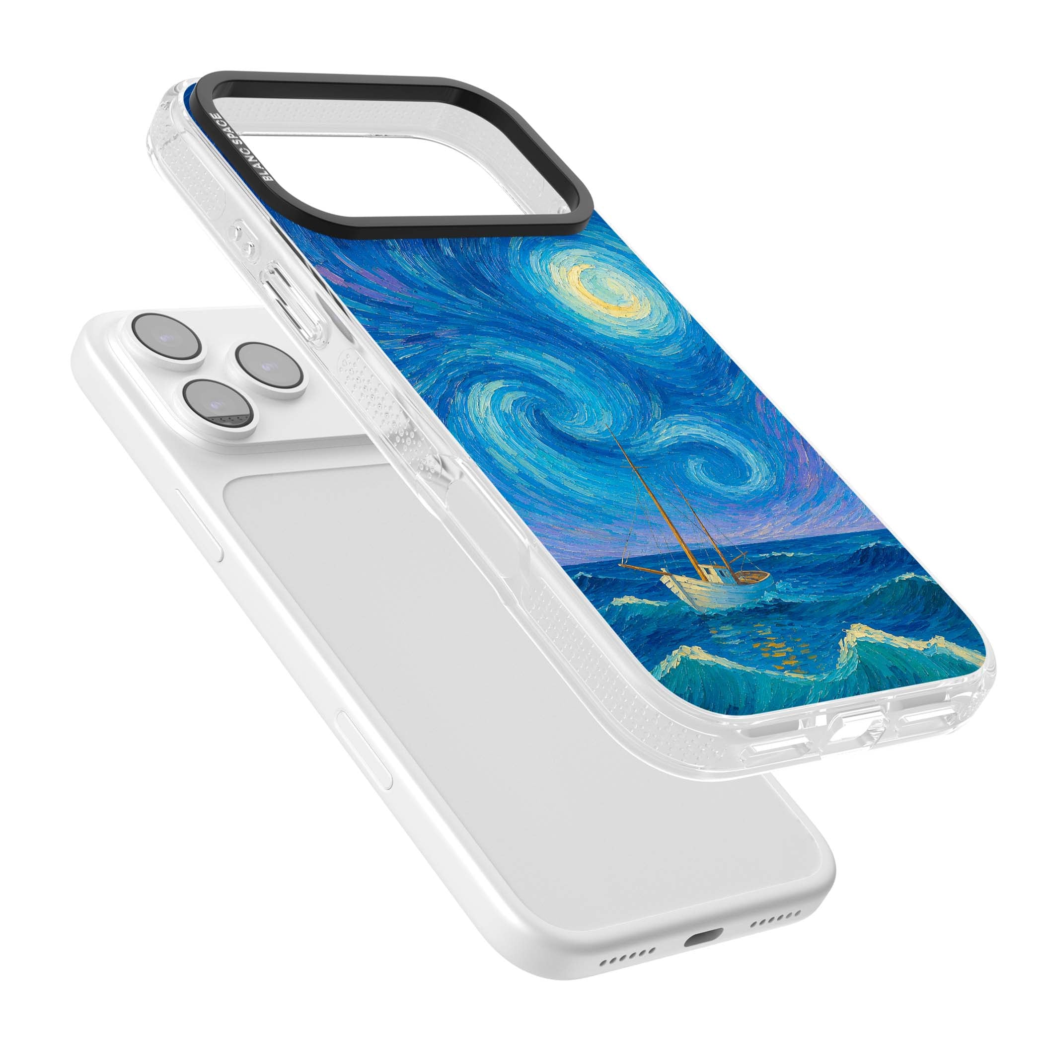 Moonlit Tide Van Gogh art iPhone case featuring swirling starry night sky, glowing moon and lone sailing boat at sea | Clear Case Impact Air case for iPhone 17 Pro, iPhone 17 Pro Max