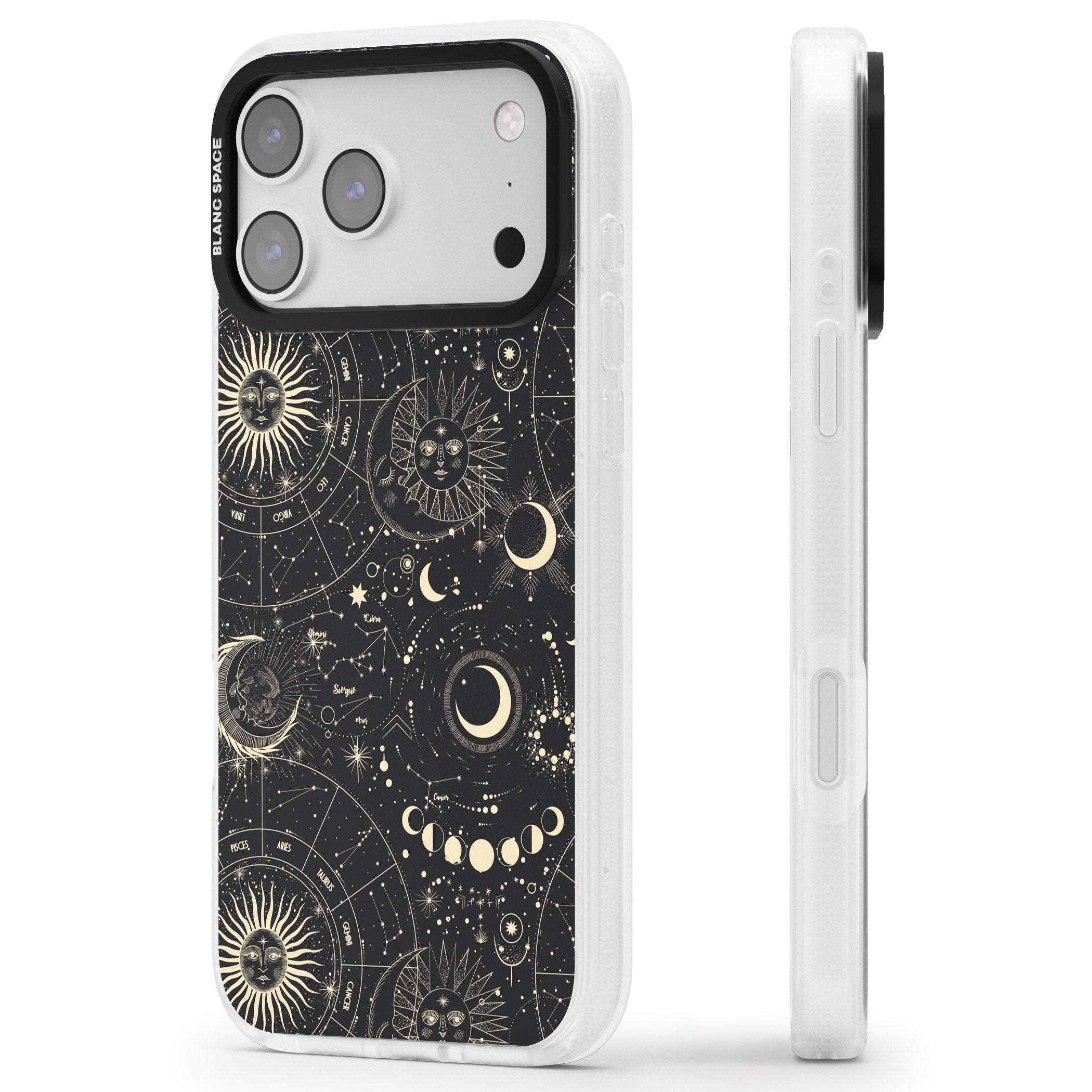 Celestial Suns, Moons & Zodiacs iPhone 17 Pro Max Impact Air Clear Phone Case Side Profile