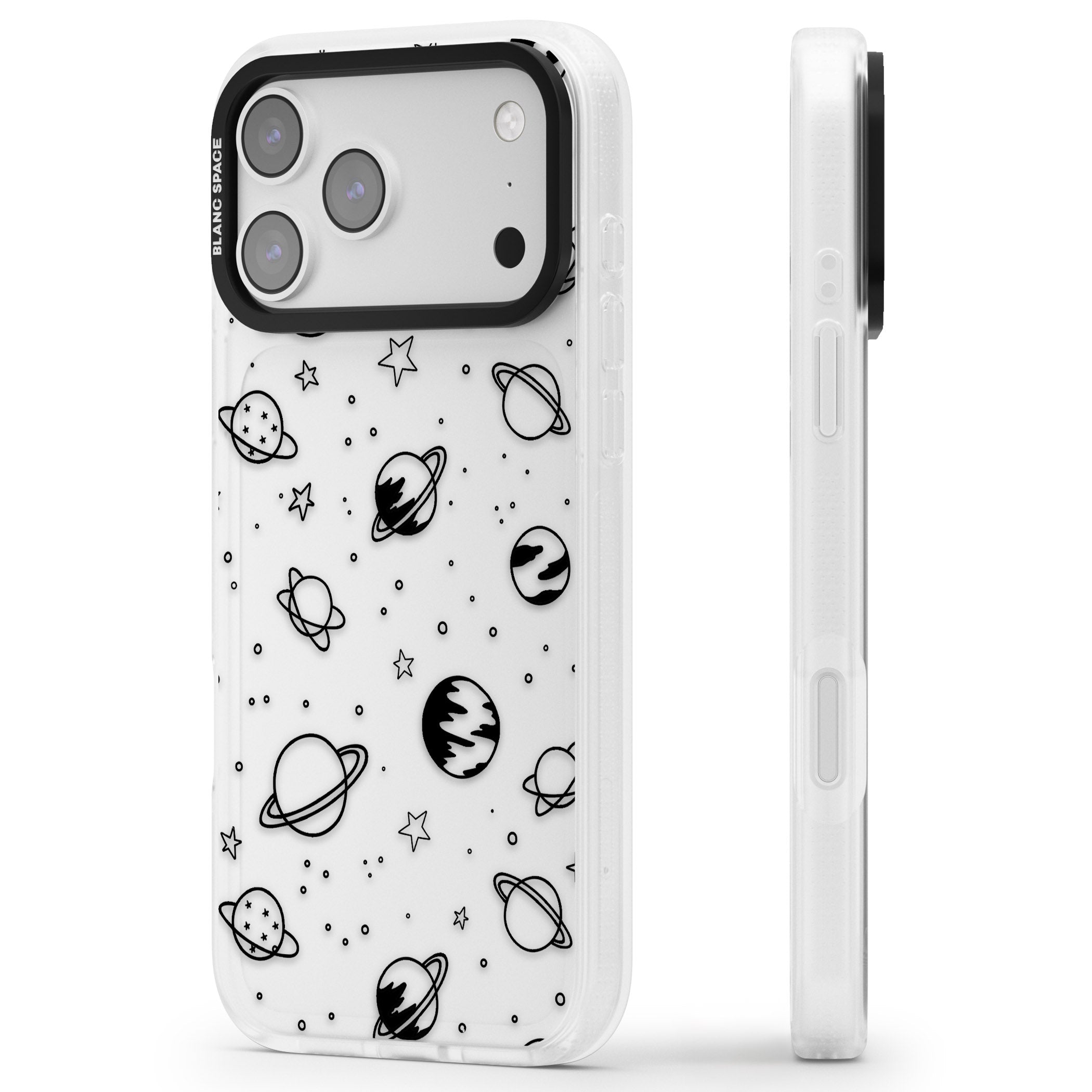 Cosmic Sketch Black Clear iPhone 17 Pro Max Impact Air Clear Phone Case Side Profile