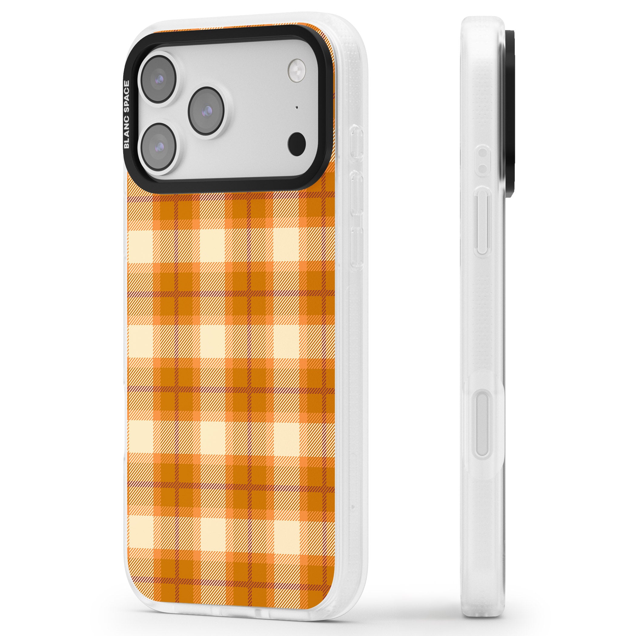Pumpkin Plaid iPhone 17 Pro Max Impact Air Clear Phone Case Side Profile