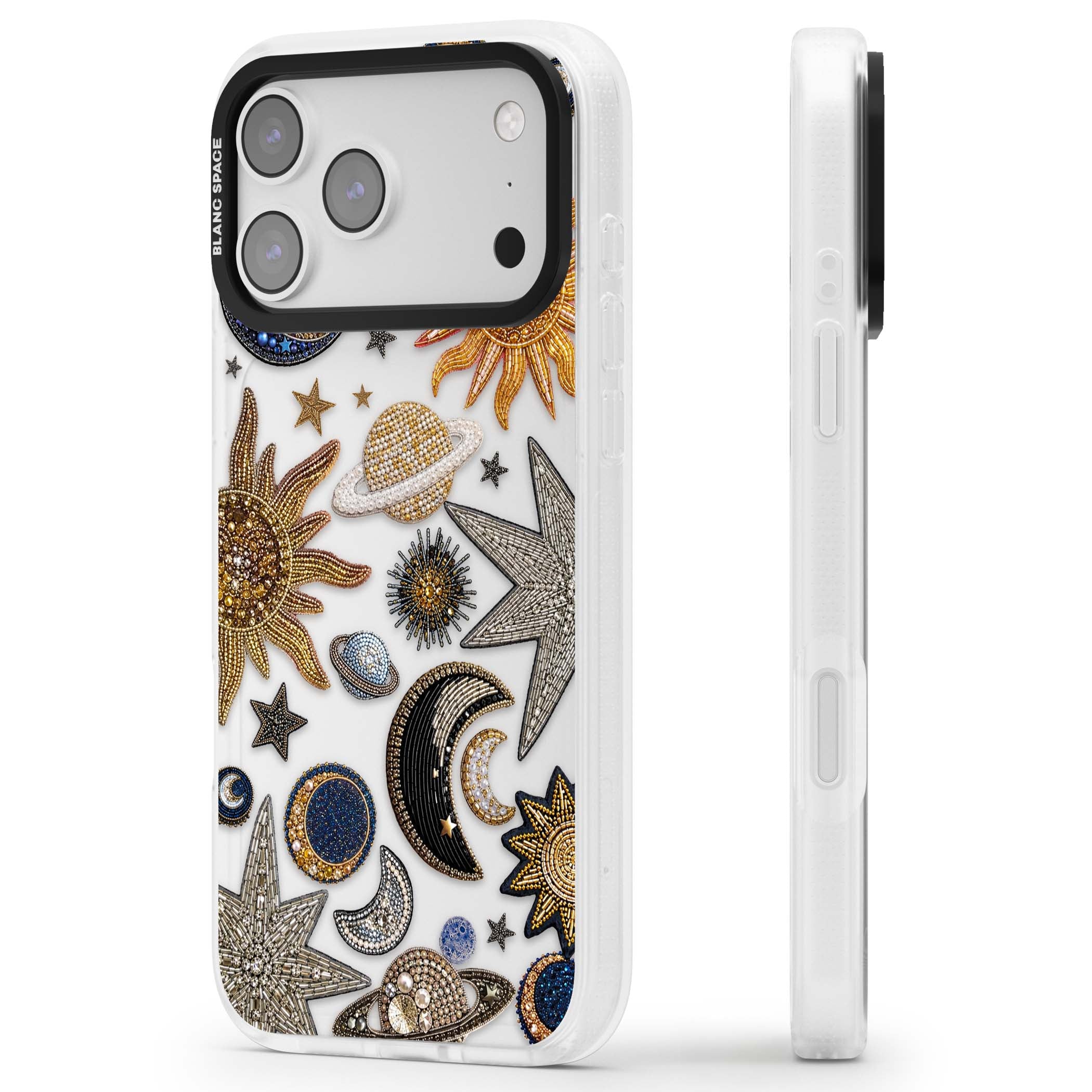 Beaded Cosmos celestial iPhone case featuring embroidered golden suns, beaded planets and silver shooting stars | Clear Case Impact Air case for iPhone 17 Pro, iPhone 17 Pro Max