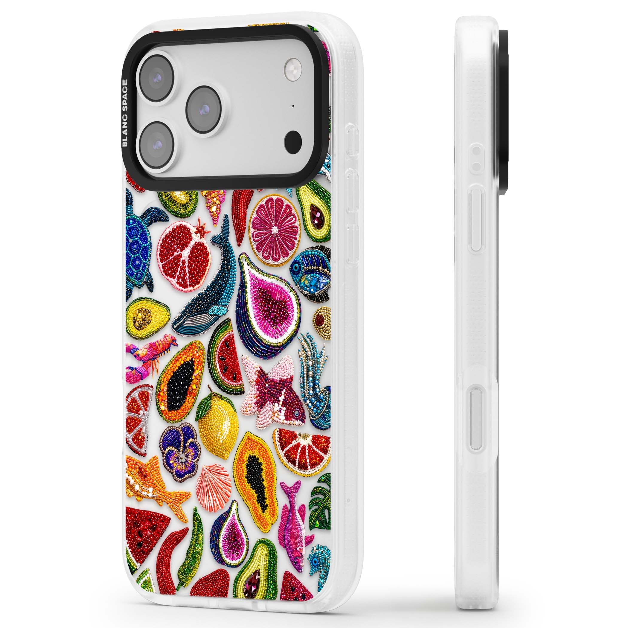 Beaded Tropic tropical iPhone case featuring beaded fruit, fish, crabs and seashells in vibrant colour | Clear Case Impact Air case for iPhone 17 Pro, iPhone 17 Pro Max