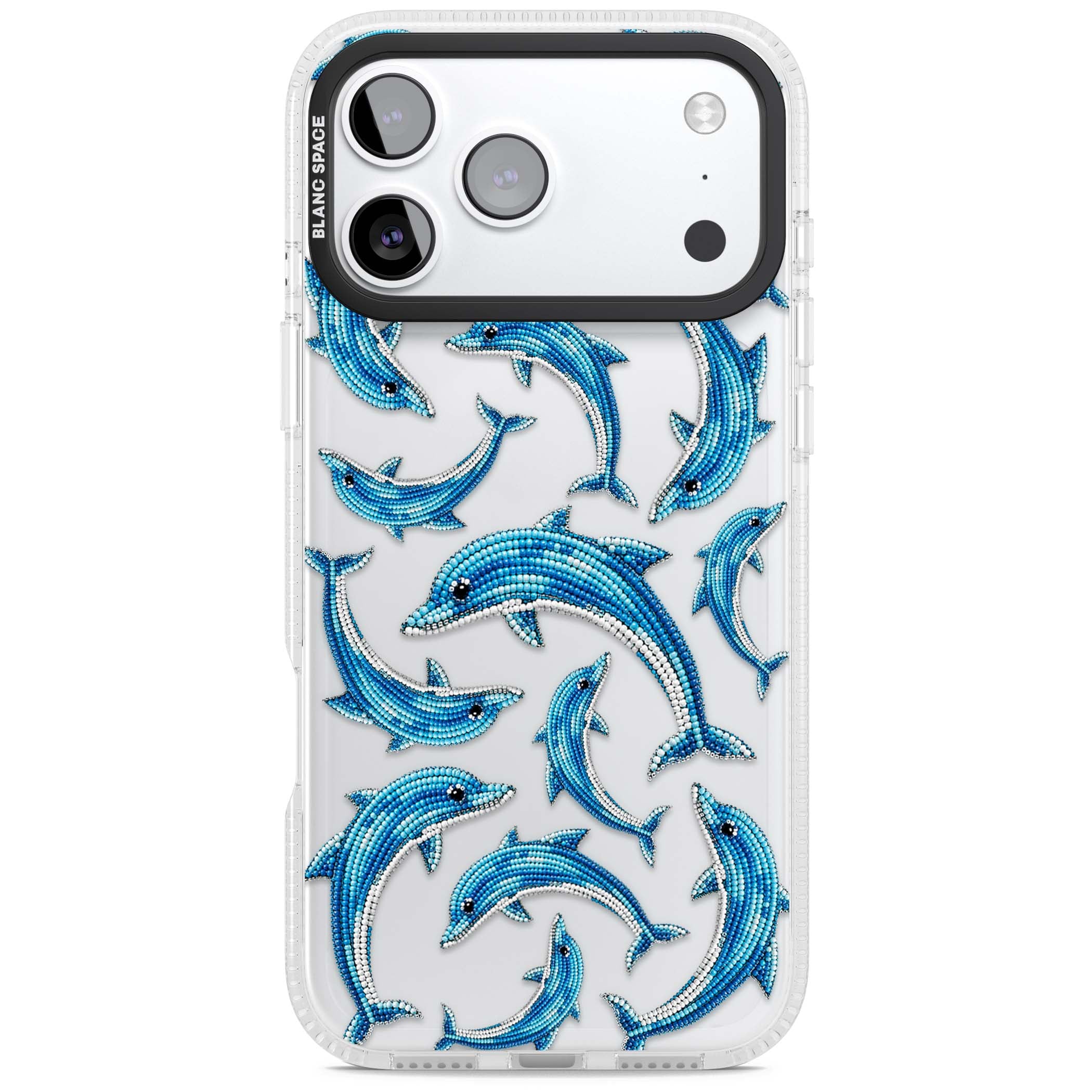 Beaded Dolphins coastal iPhone case featuring beaded dolphins in blue and white swimming across a clear background | Clear Case Impact Air case for iPhone 17 Pro, iPhone 17 Pro Max