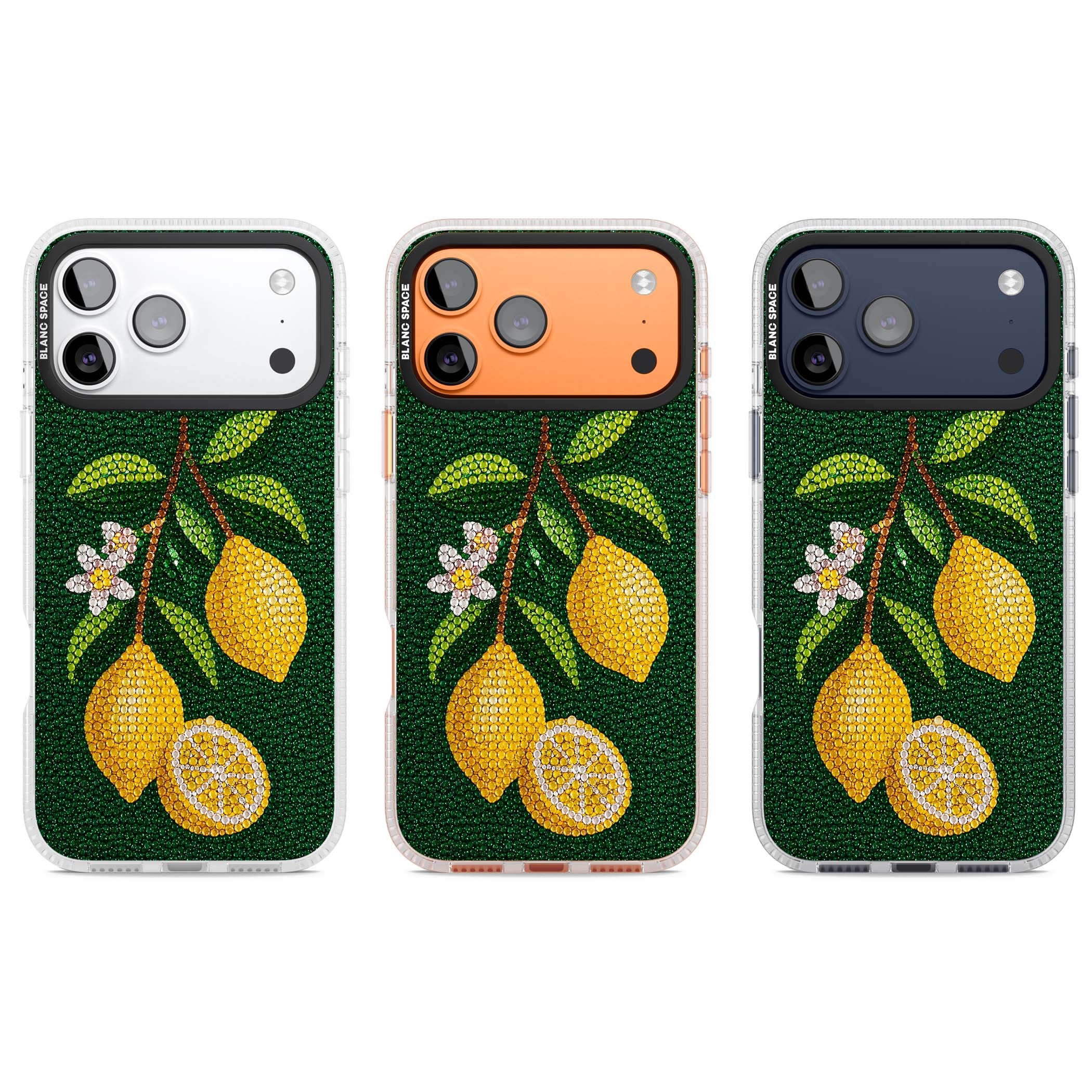 Beaded Lemons coastal iPhone case featuring crystal-beaded lemons, citrus blossom and green leaves on emerald ground | Clear Case Impact Air case for iPhone 17 Pro, iPhone 17 Pro Max