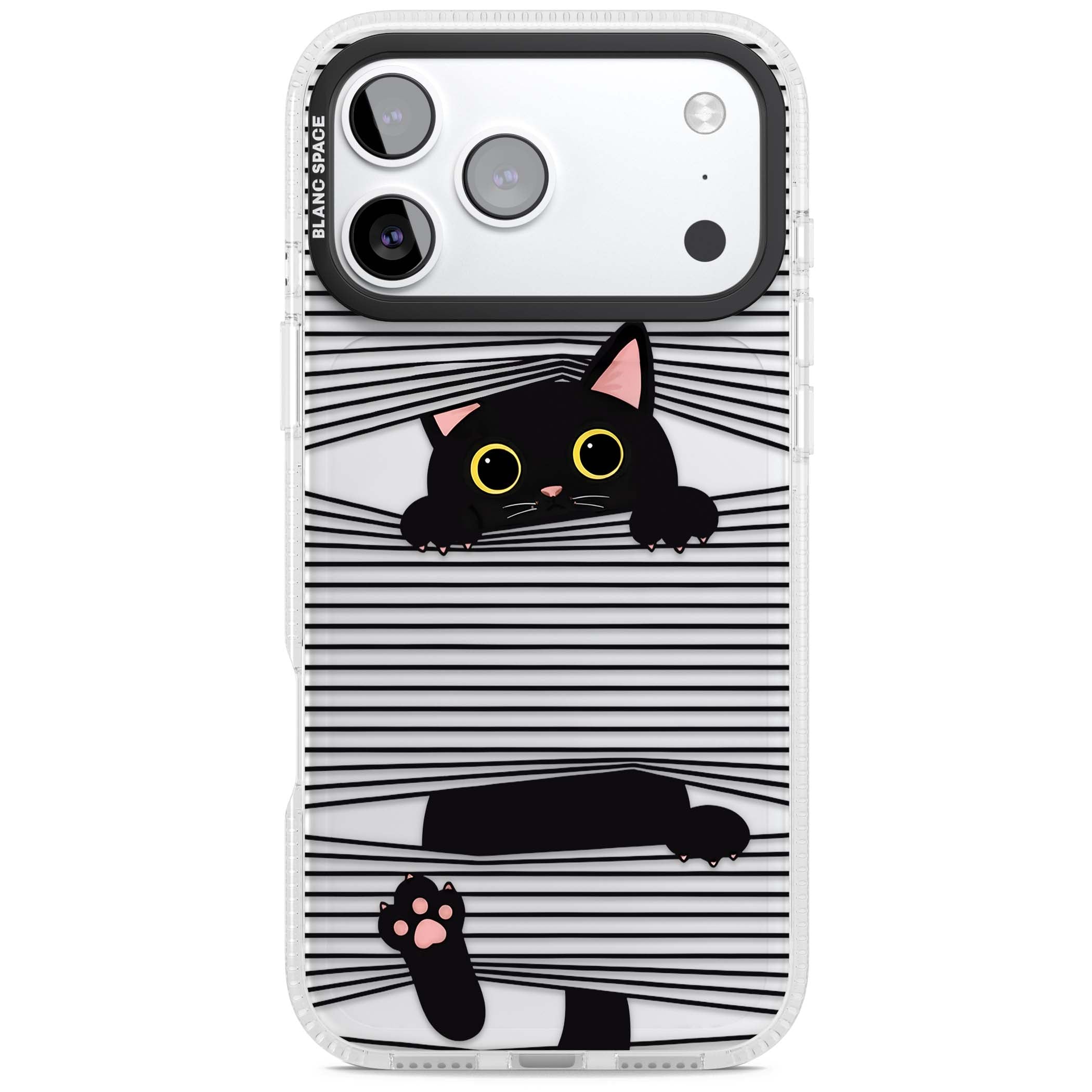 Peek-a-Boo Cat minimal iPhone case featuring black cat peeking through horizontal black and white stripes | Clear Case Impact Air case for iPhone 17 Pro, iPhone 17 Pro Max