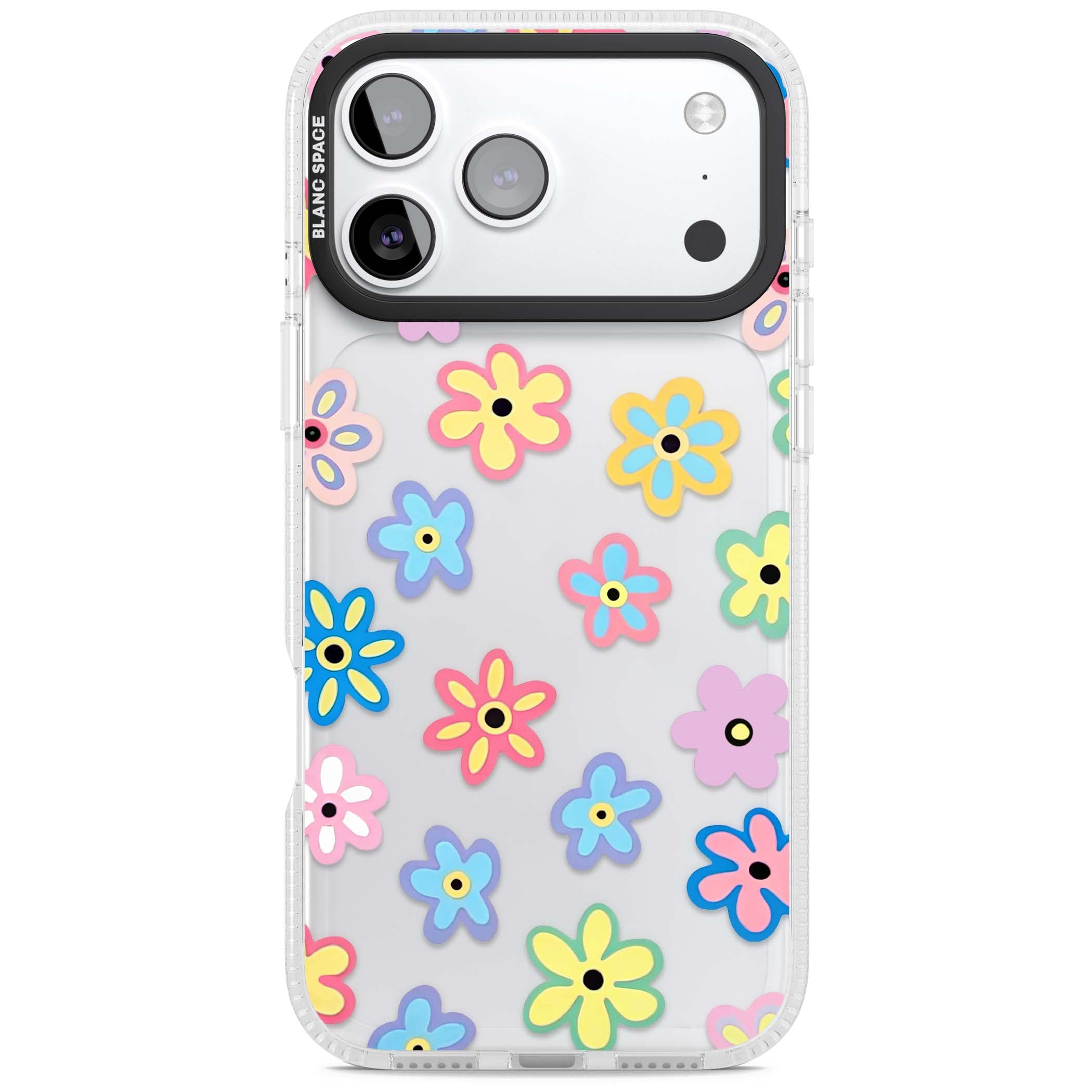 Bloom Pop cottagecore iPhone case featuring multicolor pastel flowers with black centers on clear background | Clear Case Impact Air case for iPhone 17 Pro, iPhone 17 Pro Max