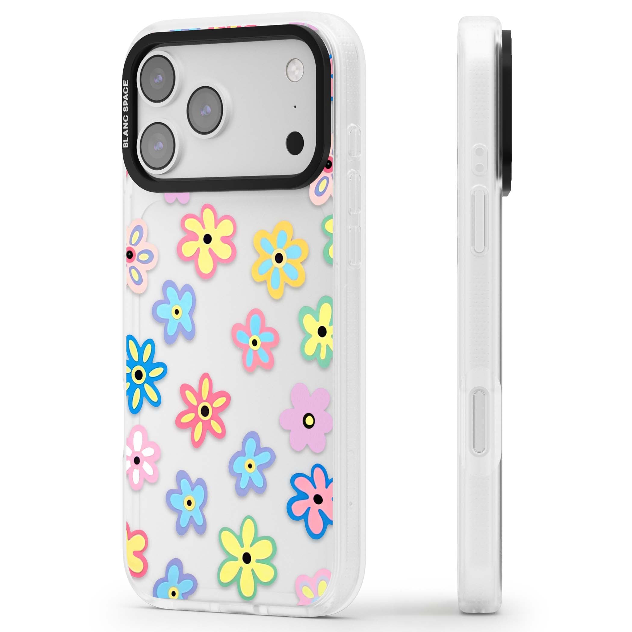 Bloom Pop cottagecore iPhone case featuring multicolor pastel flowers with black centers on clear background | Clear Case Impact Air case for iPhone 17 Pro, iPhone 17 Pro Max