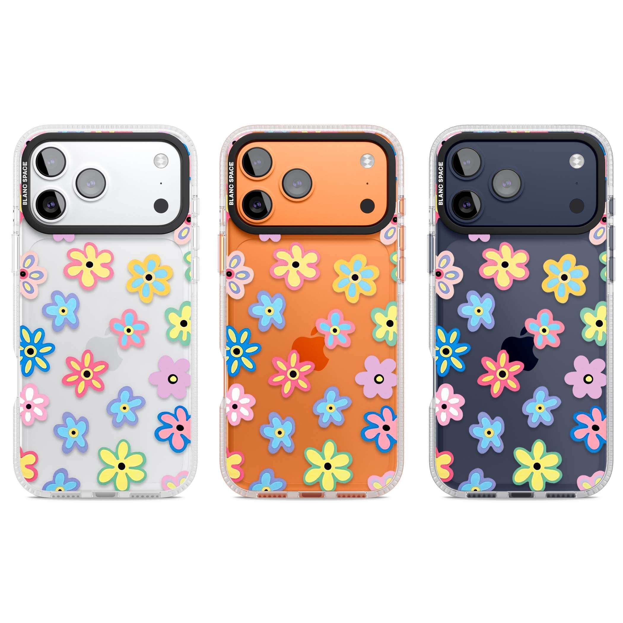 Bloom Pop cottagecore iPhone case featuring multicolor pastel flowers with black centers on clear background | Clear Case Impact Air case for iPhone 17 Pro, iPhone 17 Pro Max