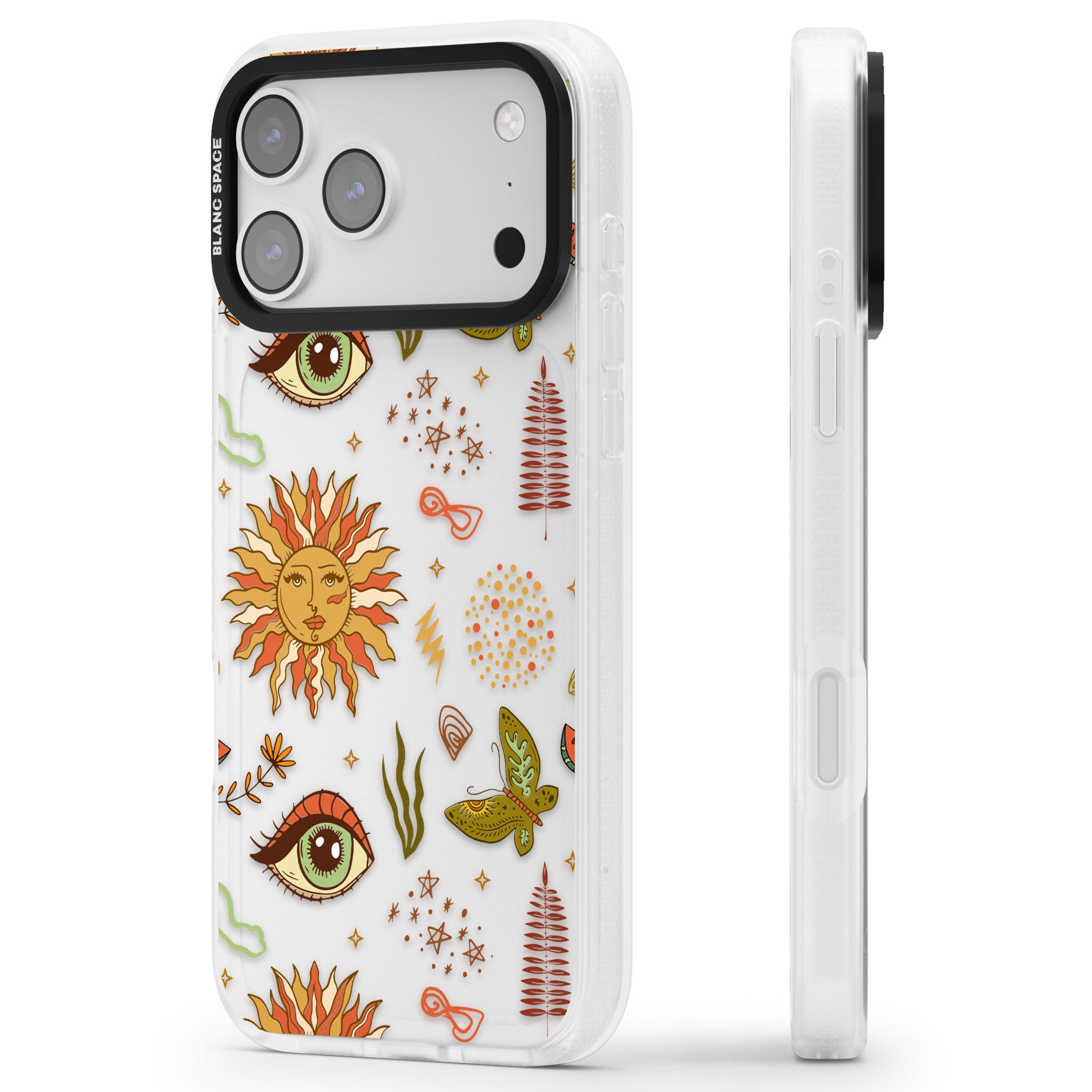 Boho Celestial Sun & Eye Pattern iPhone 17 Pro Impact Air Clear Phone Case Side Profile