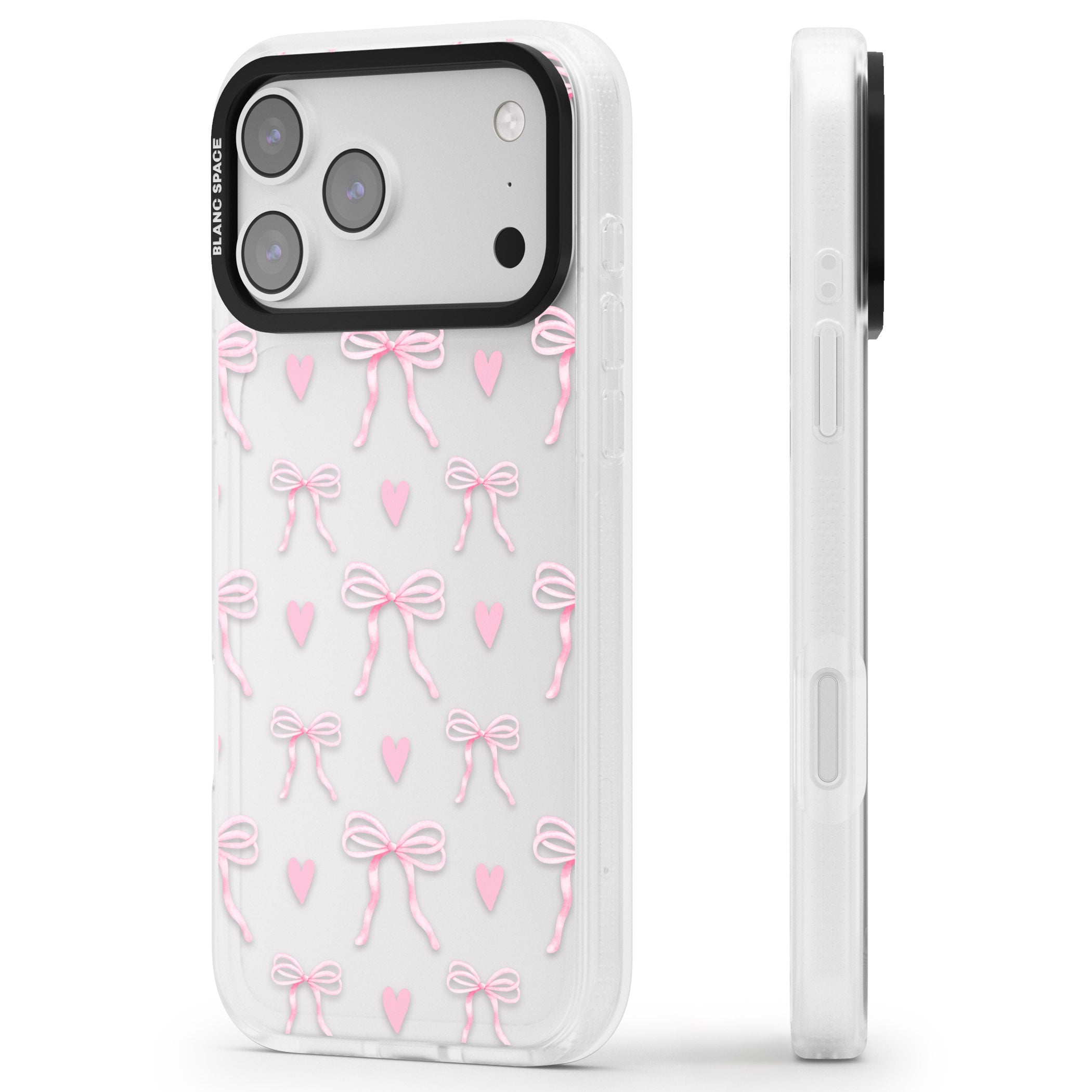 Pink Bows & Hearts iPhone 17 Pro Max Impact Air Clear Phone Case Side Profile