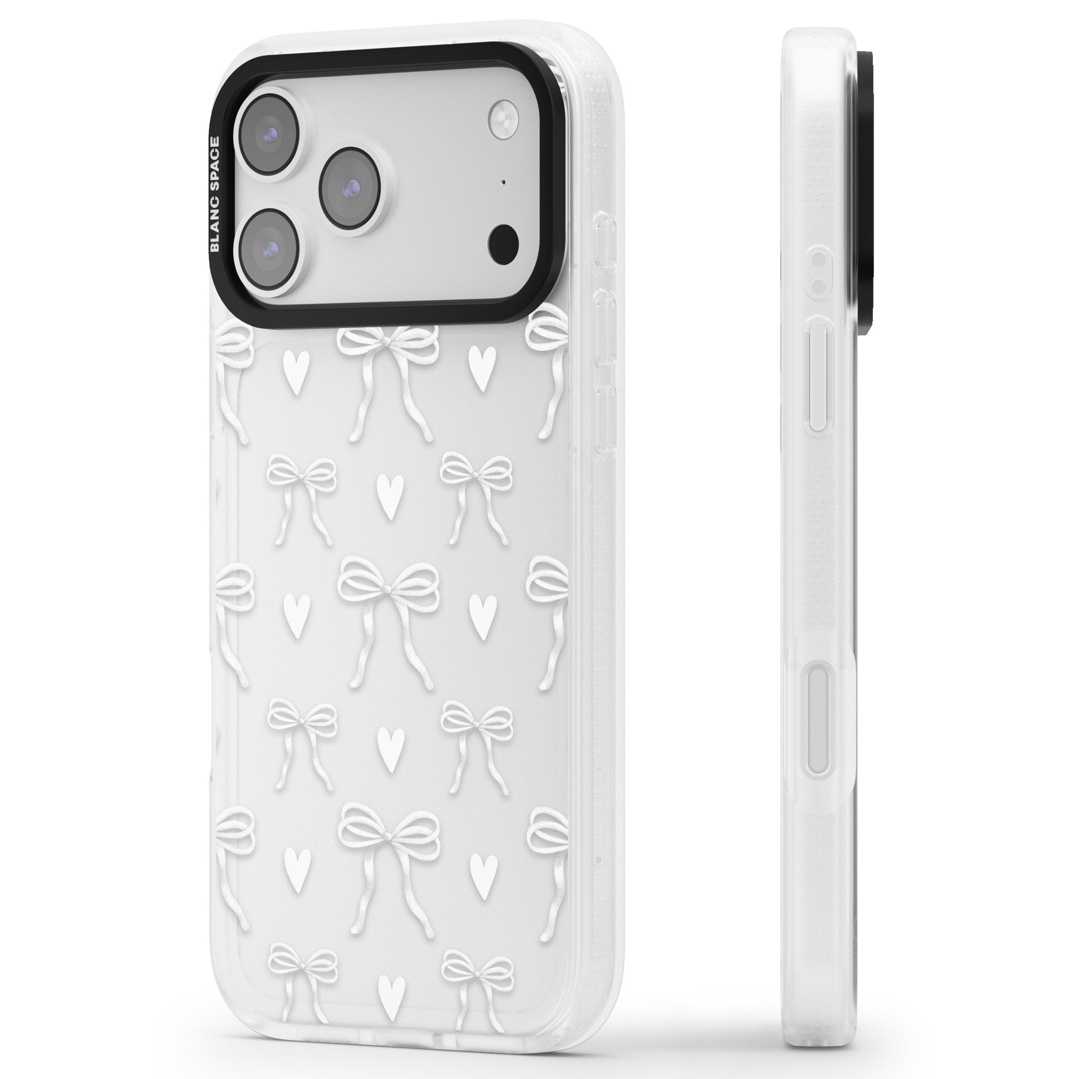 White Bows & Hearts iPhone 17 Pro Max Impact Air Clear Phone Case Side Profile