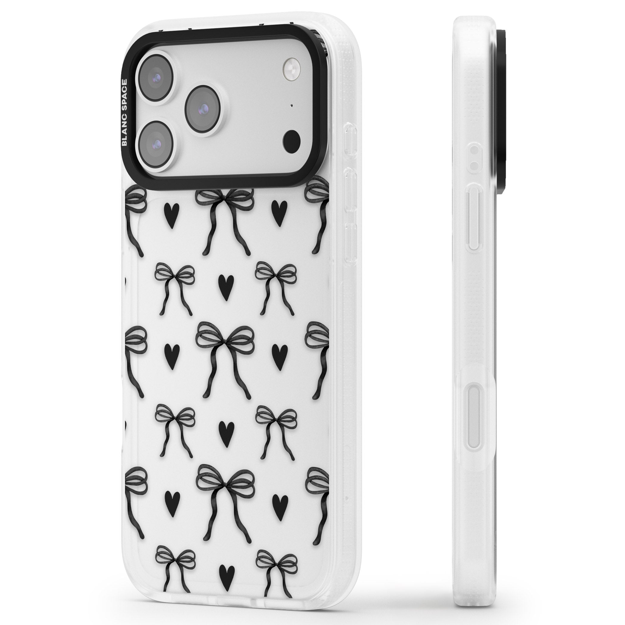 Black Bows & Hearts iPhone 17 Pro Impact Air Clear Phone Case Side Profile