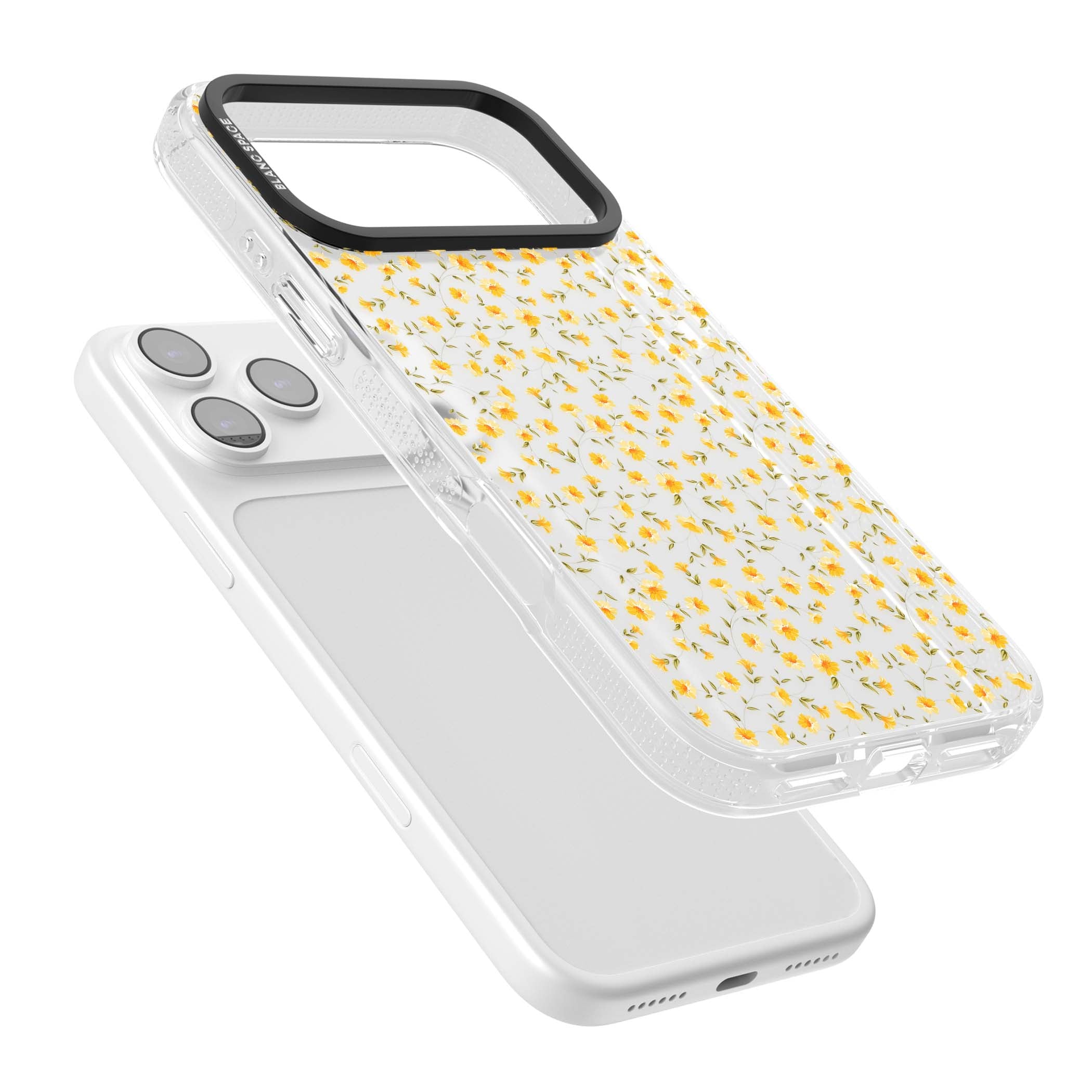 Buttercup wildflower iPhone case featuring tiny yellow flowers and trailing green vines on clear | Clear Case Impact Air case for iPhone 17 Pro, iPhone 17 Pro Max